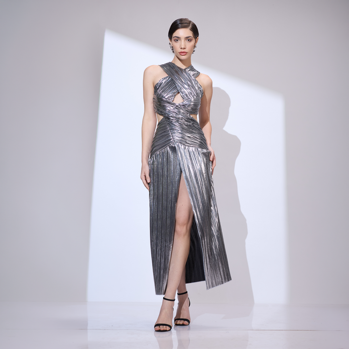 Celestial Fluidity: The Chrome Comet Gown