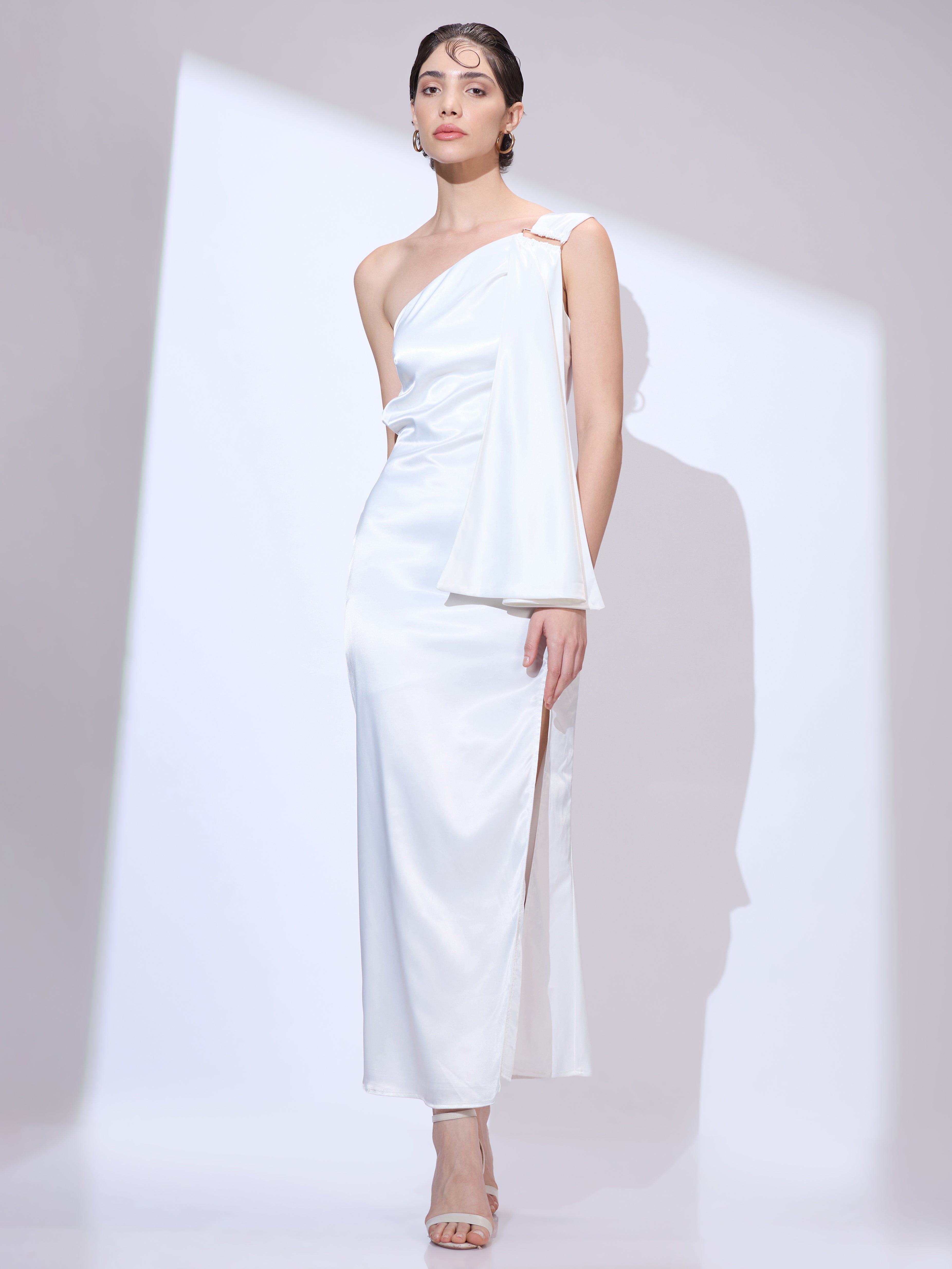 metallic draped one shoulder grecian dress Grecian Muse Gown