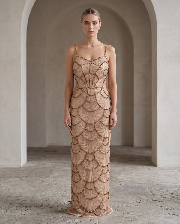 Bronze Pearl Embellished Mermaid Maxi Dress — reverse view