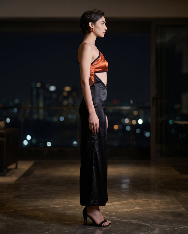 Liquid Onyx Cowl Neck Maxi Gown – Silk Satin — reverse view