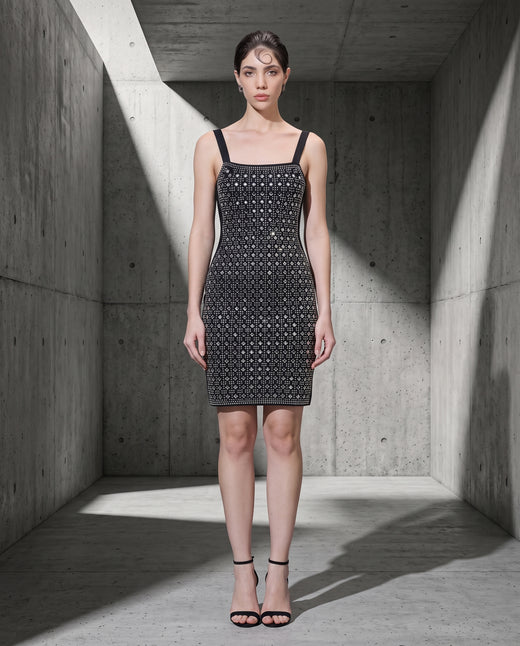 Chrome Cipher silver sequin geometric mini dress, front view — INHAUTECOUTURE