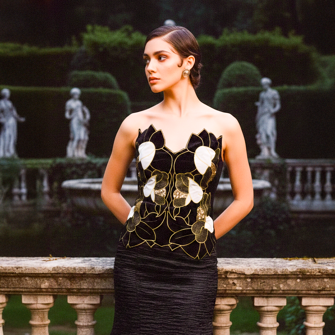 Image of A strapless black midi dress featuring a velvet bodice with white and gold floral appliqués, paired with a textured, asymmetrical handkerchief skirt.