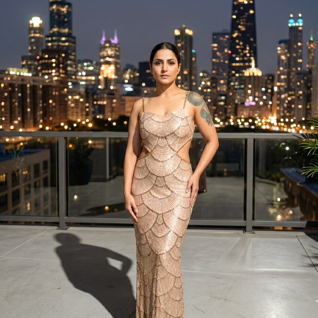 Image of Bronze Pearl Embellished Mermaid Maxi Dress