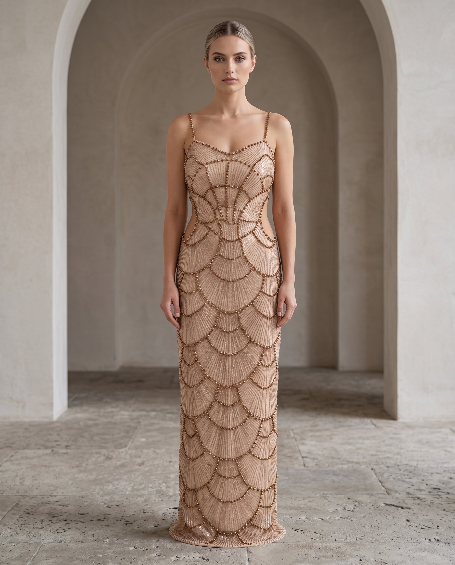 Image of Bronze Pearl embellished mermaid maxi dress, front view — INHAUTECOUTURE