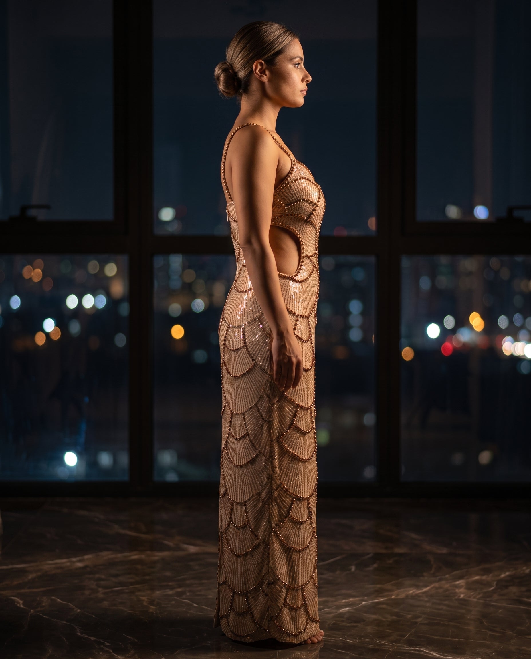 Bronze Pearl Embellished Mermaid Maxi Dress