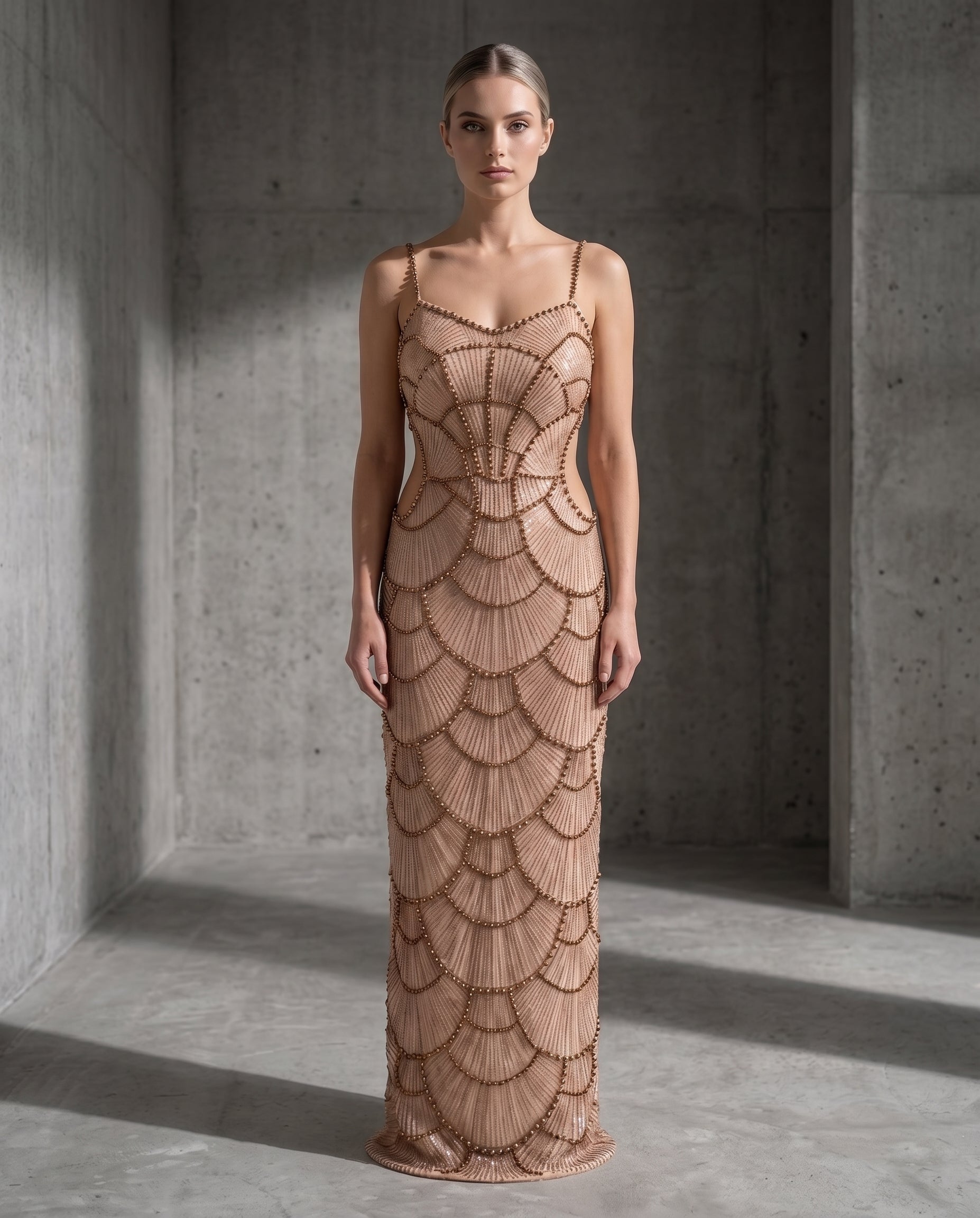Image of Bronze Pearl Embellished Mermaid Maxi Dress