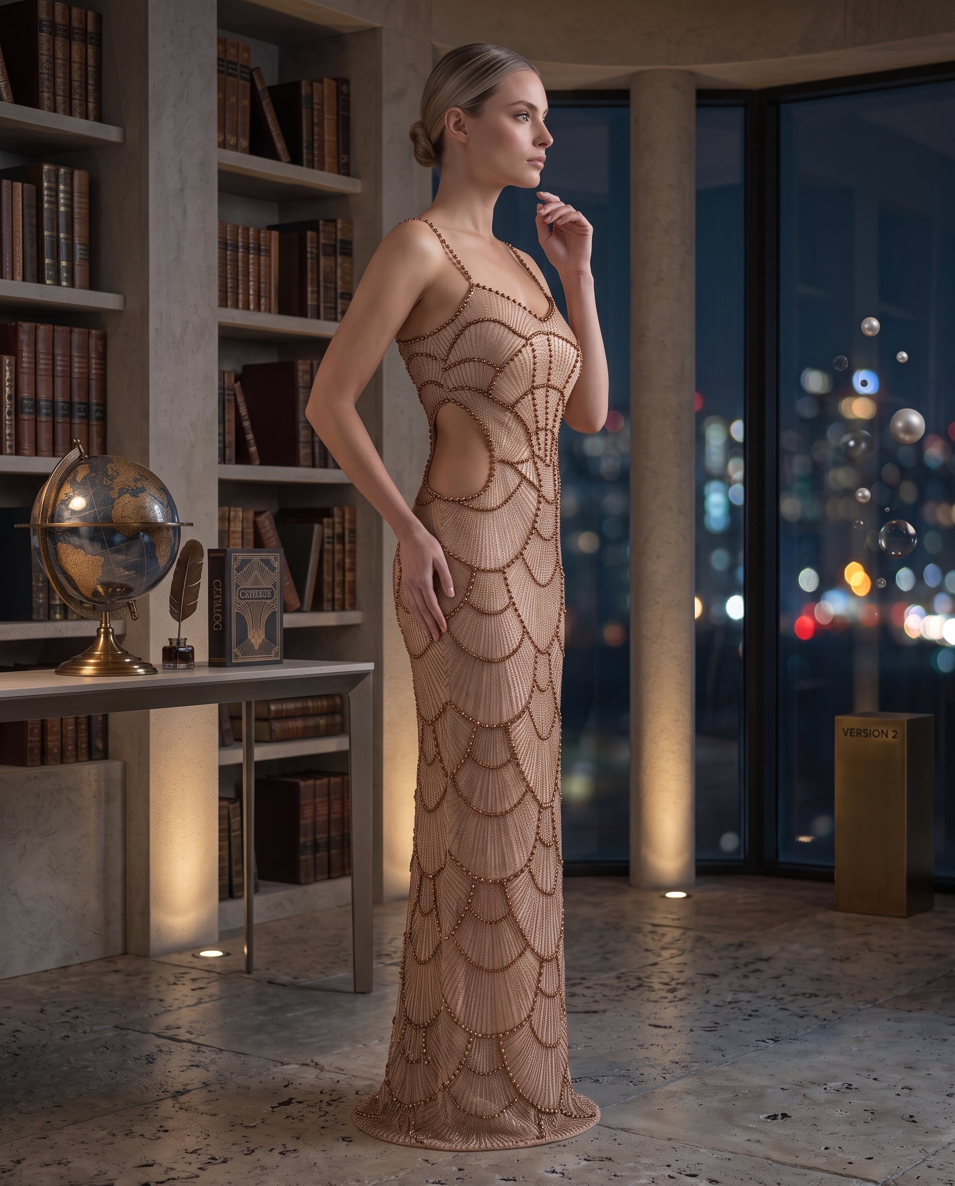 Bronze Pearl embellished mermaid maxi dress, side detail — INHAUTECOUTURE