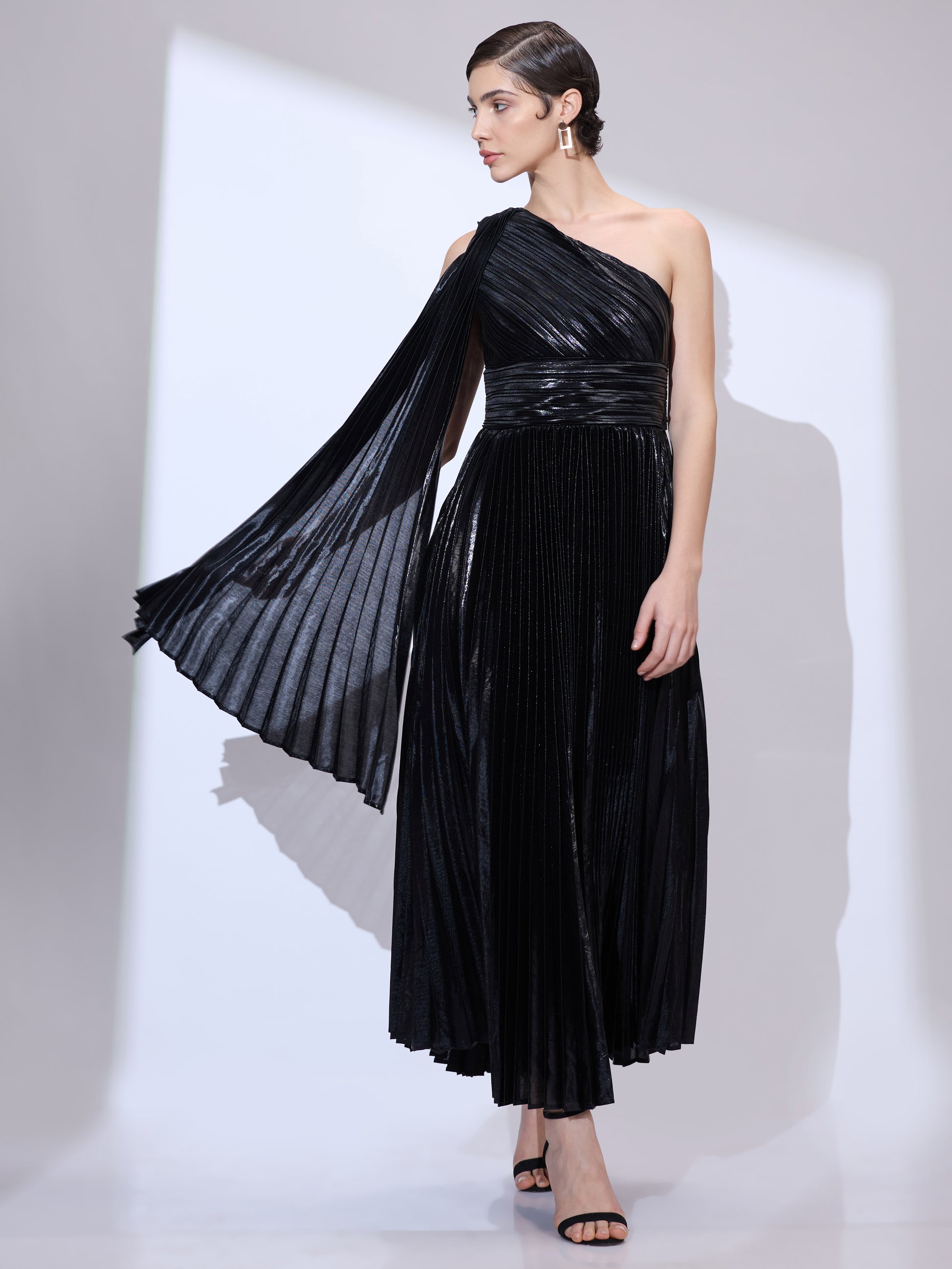 strapless open back dress Alfabeta One Shoulder Pleated Satin Asymmetrical Cut Midi Evening Dress main image 0
