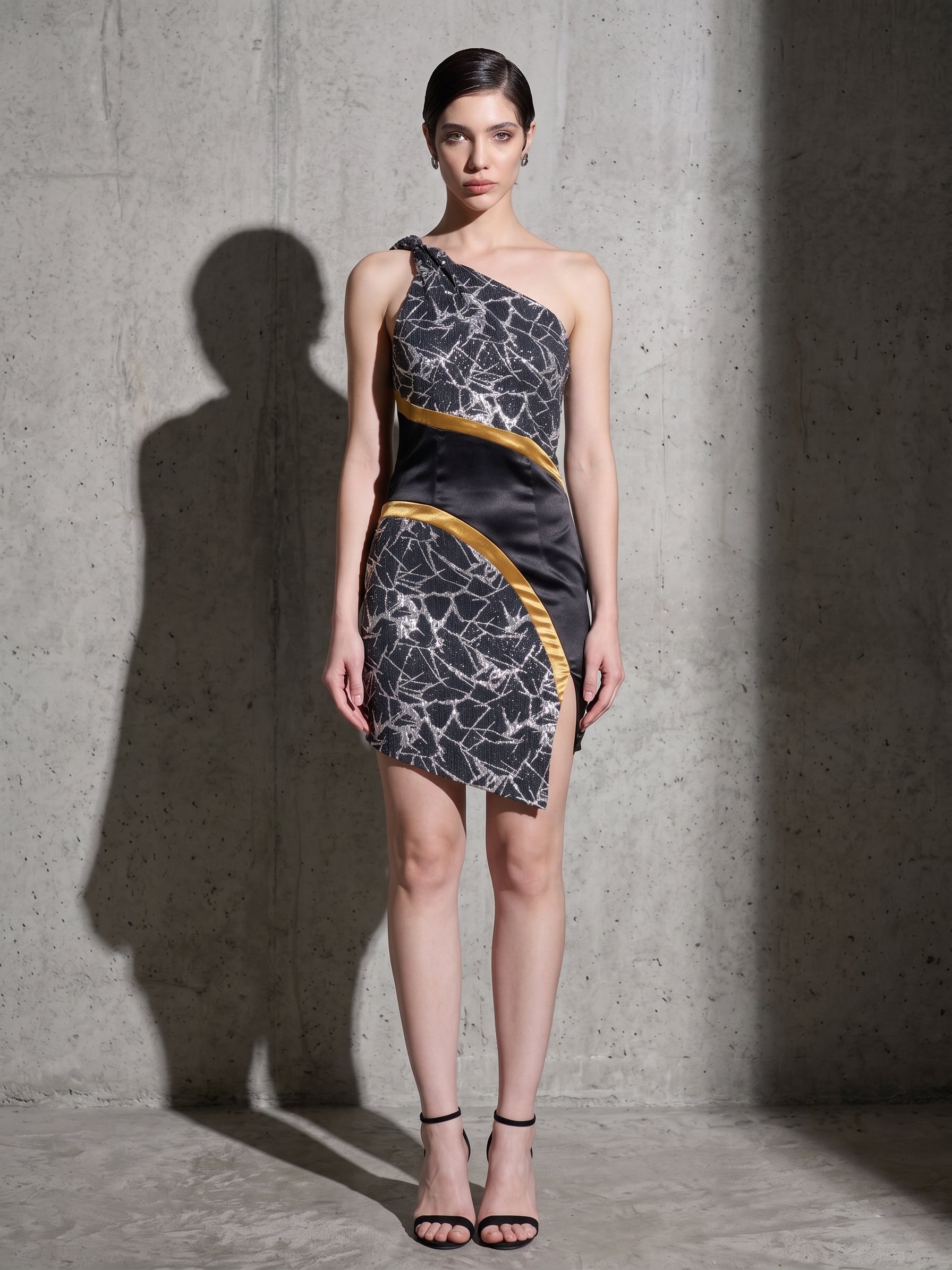 Image of Asymmetrical Canvas party dress, front view — INHAUTECOUTURE