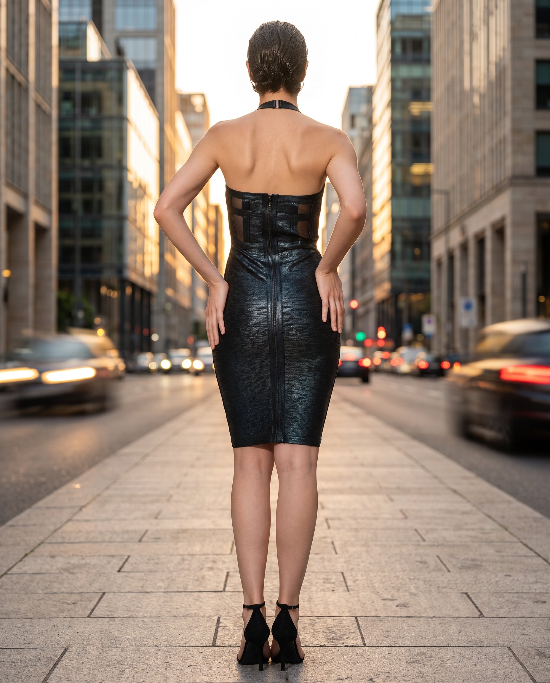 Athena bandage midi bodycon dress, back view — INHAUTECOUTURE