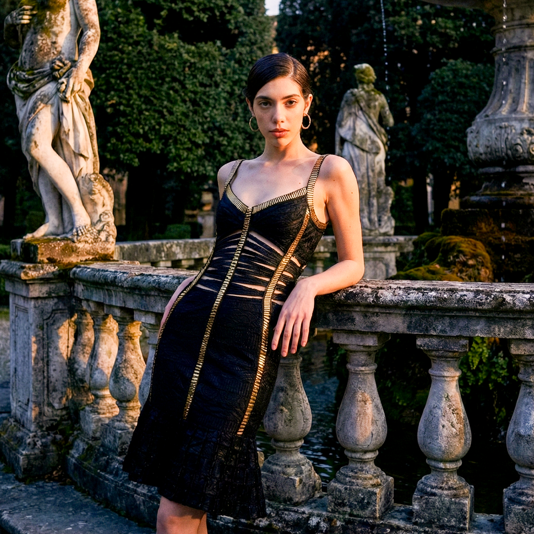 Image of black bandage mini dress with gold trim and ruffle mermaid hem, featuring sweetheart neckline, wide straps, and midriff cut-outs.