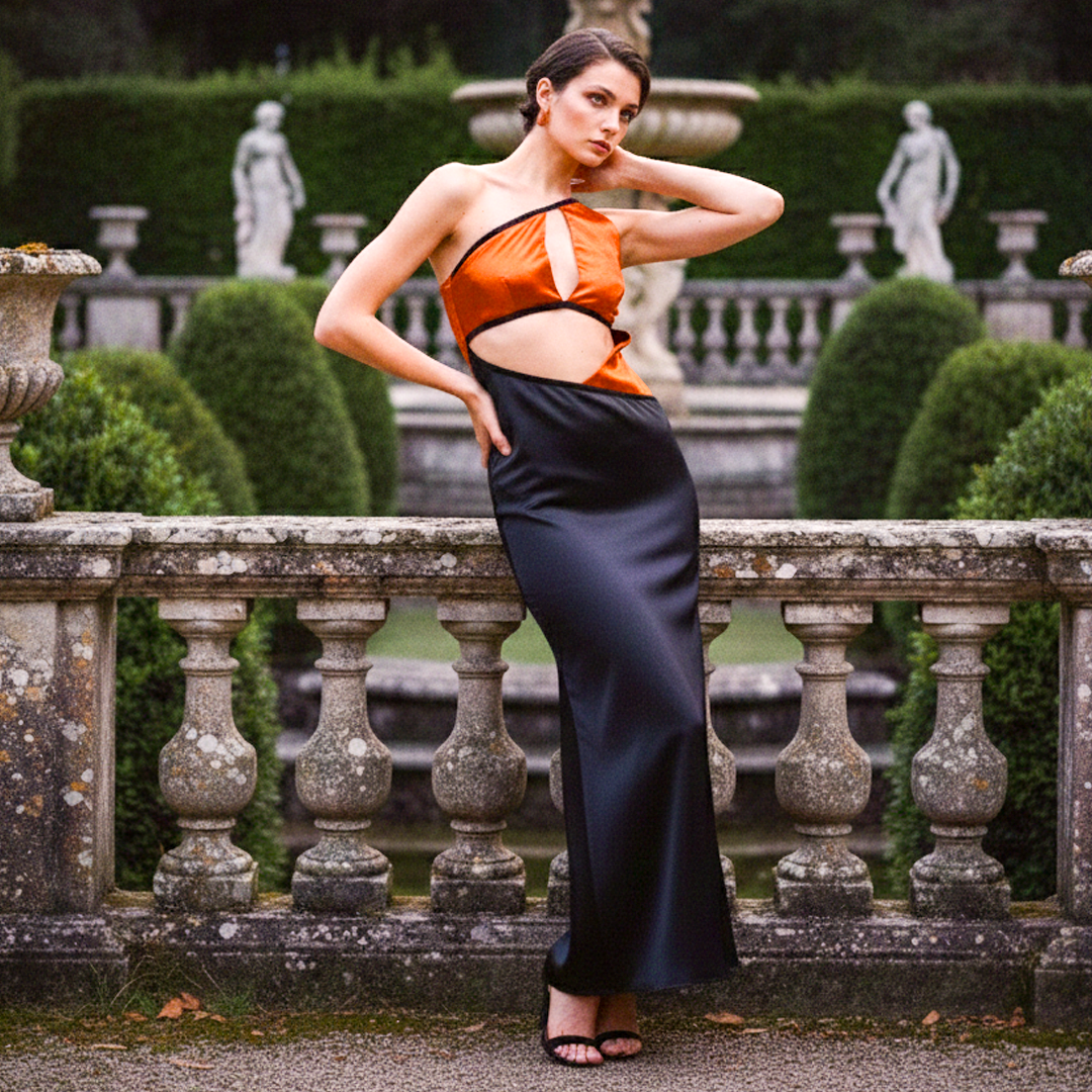 Image of Midnight black and copper silk satin cowl neck maxi gown with asymmetric bodice cut-out and sleek fitted silhouette.