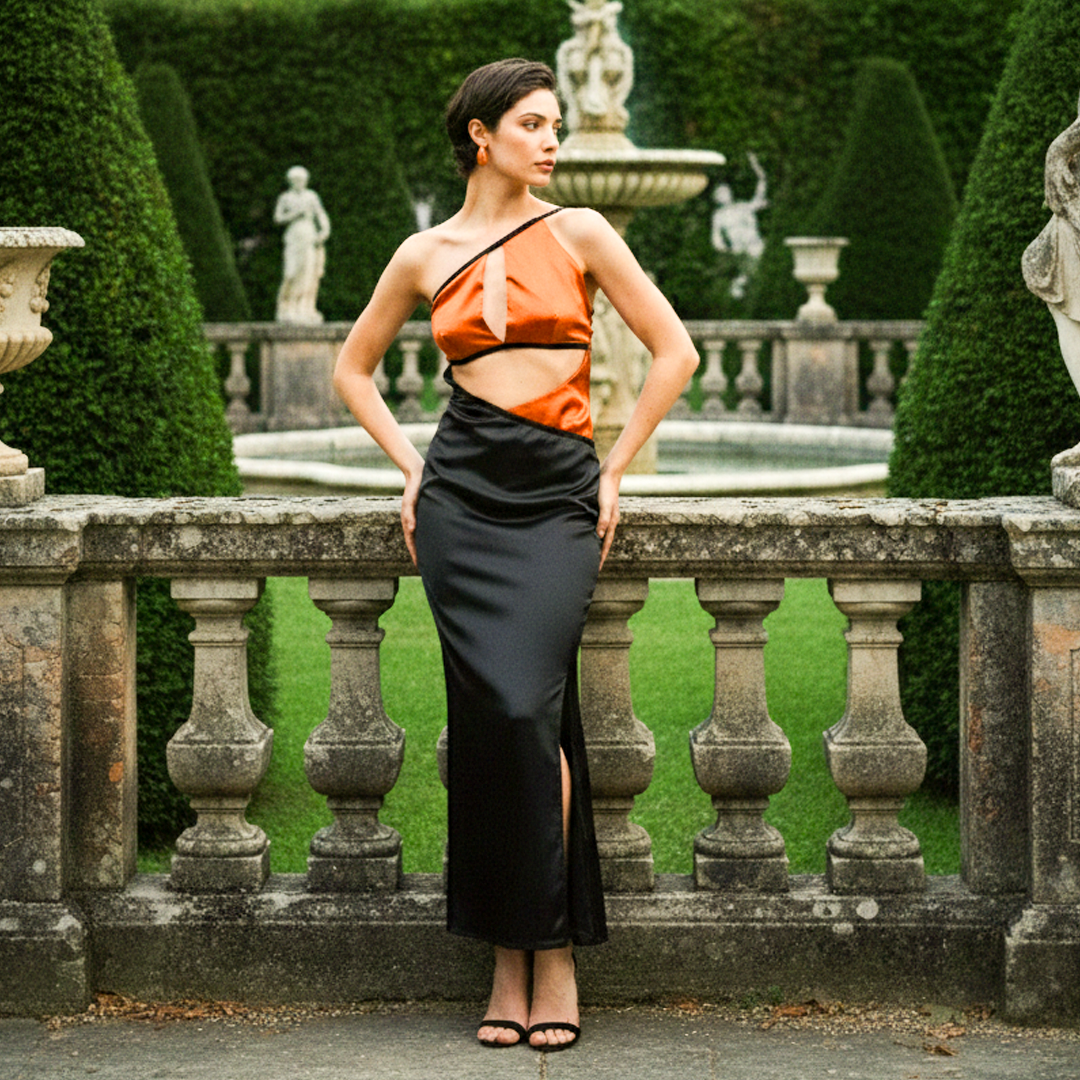 Looking right with hands on waist in a midnight black and copper silk satin cowl neck maxi gown with a sleek silhouette.