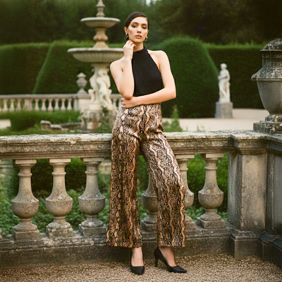 Full-body view of woman wearing black and gold metallic snakeskin wide-leg halter jumpsuit with mock neck.
