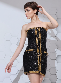 black mini dress with gold chain straps Couture Chain Mini