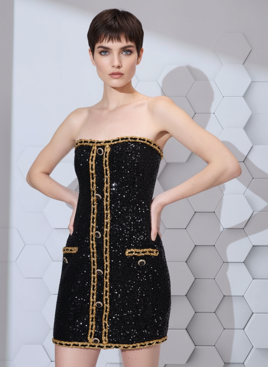 Facing forward with hands on the waist in a black strapless mini dress with sequin texture and gold chain detailing