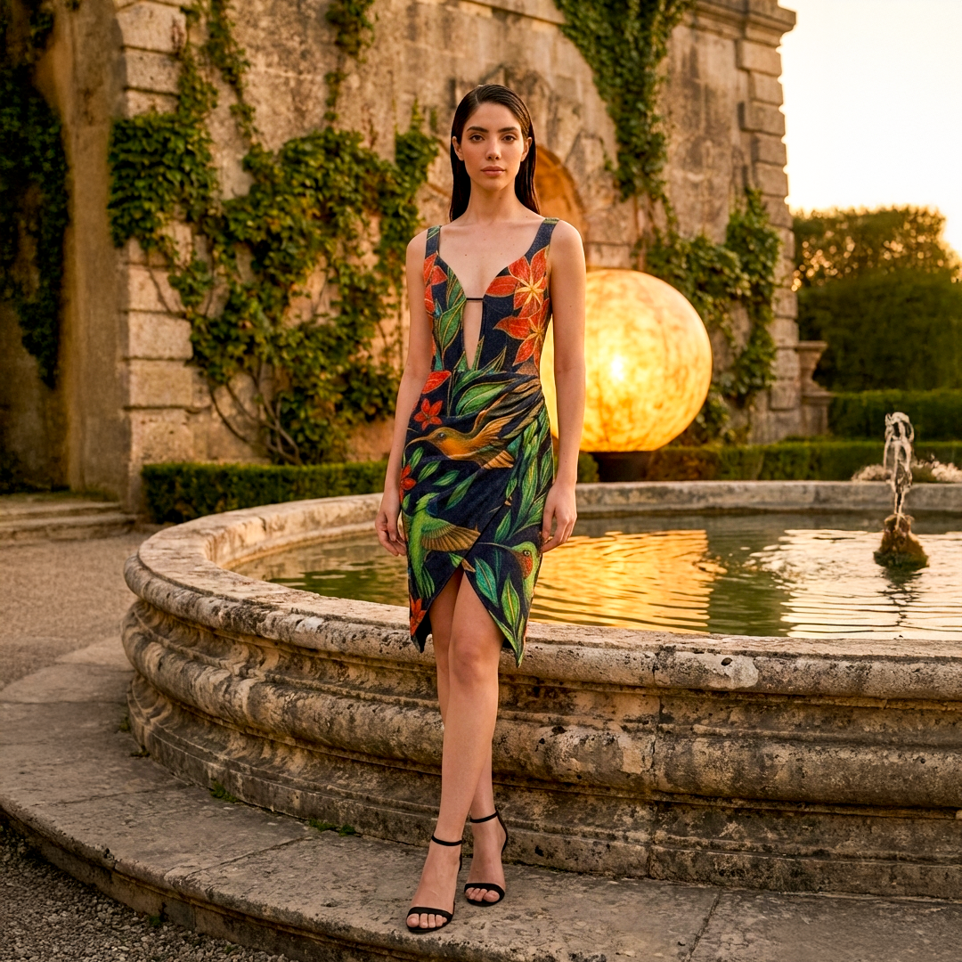 Image of Standing with legs folded wearing a sweetheart neckline dress in black velvet with tropical bird print and tulip wrap skirt.
