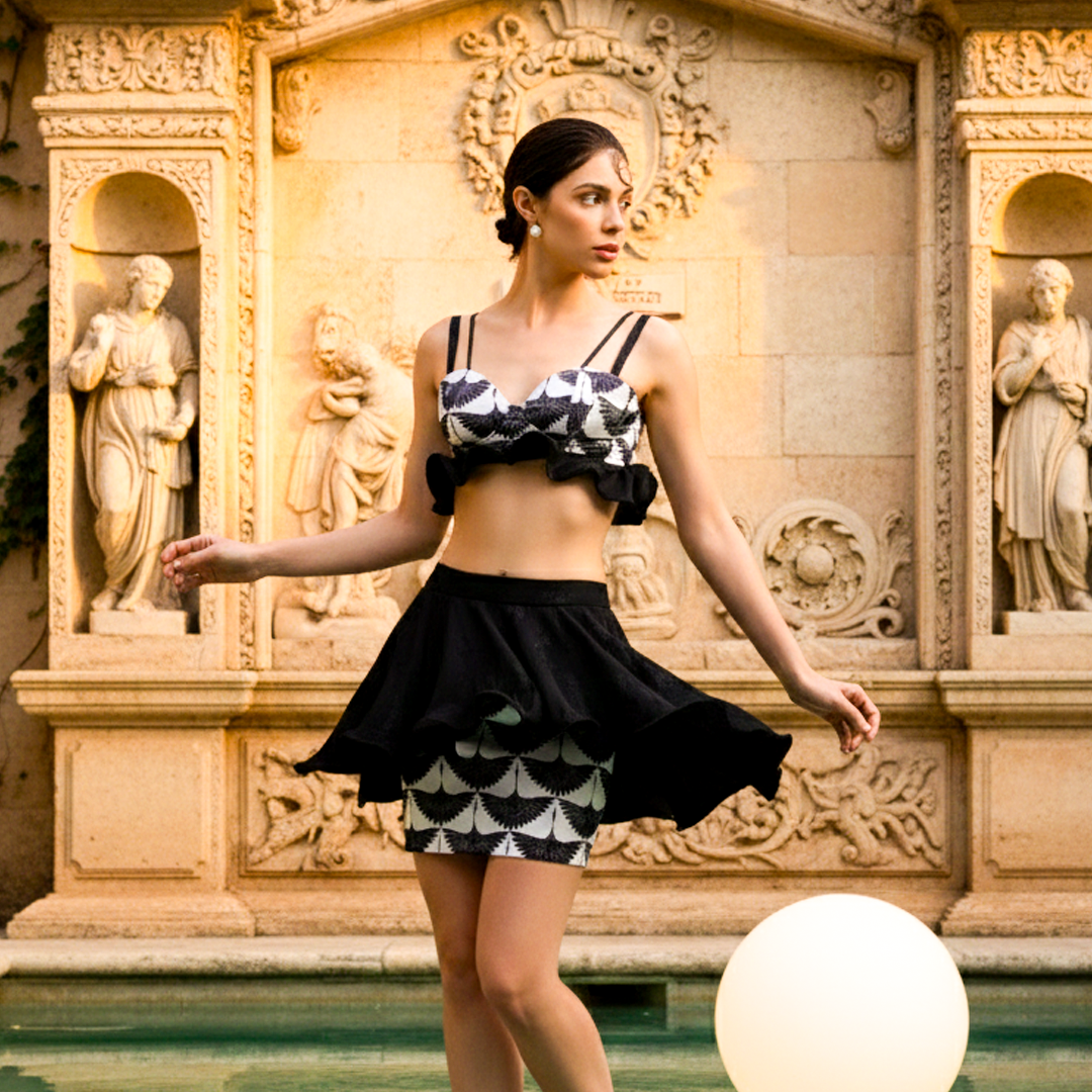 Front-facing, looking right in a black and white scallop print ruffle mini skirt set with an off-shoulder top.