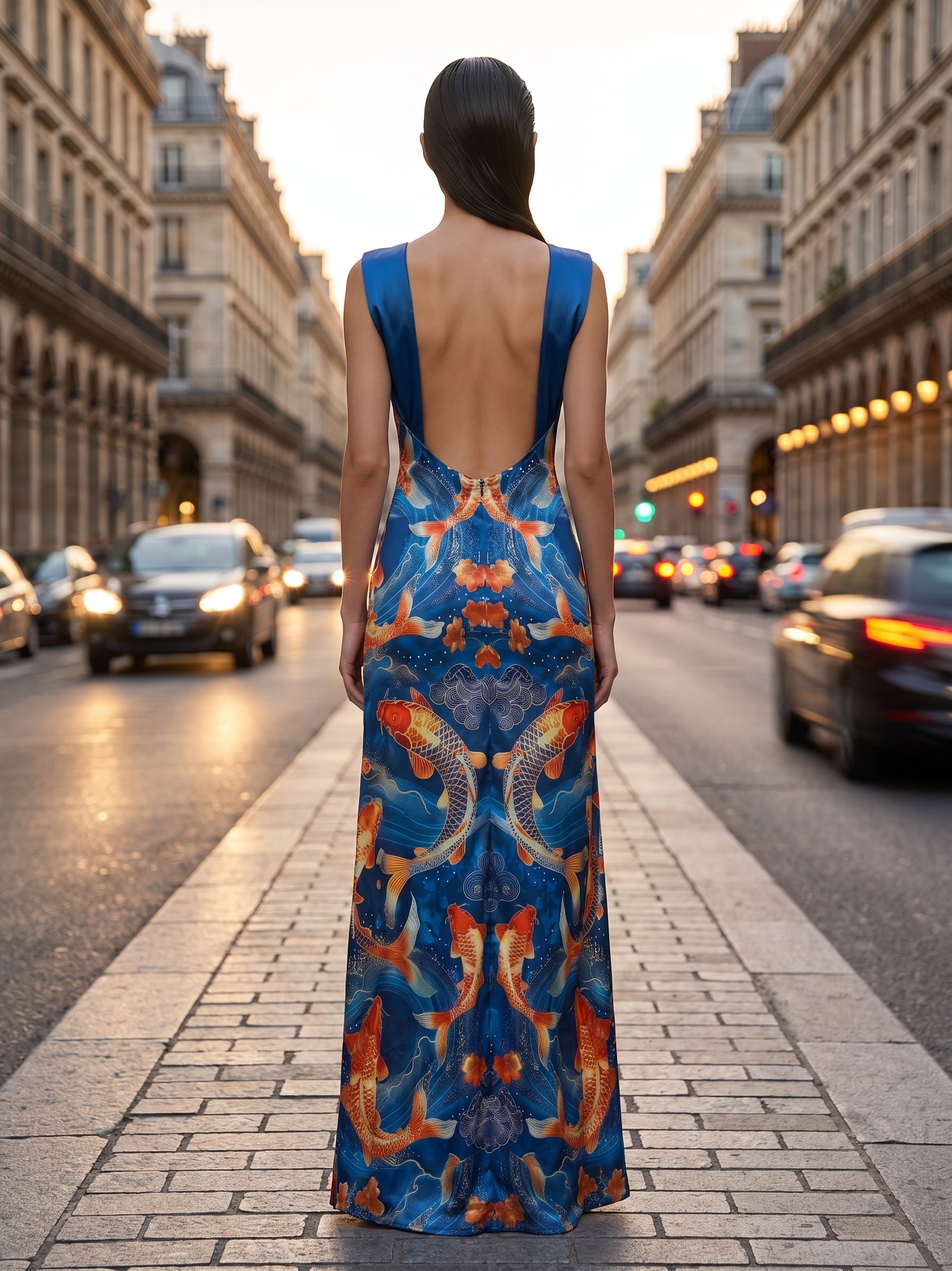 Image of Blue Piscean cowl-neck maxi dress, back view — INHAUTECOUTURE