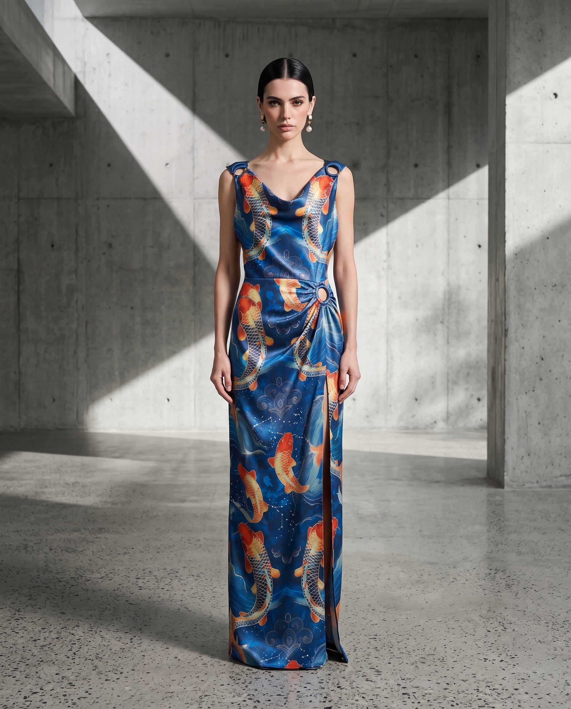 Blue Piscean cowl-neck maxi dress, front view — INHAUTECOUTURE