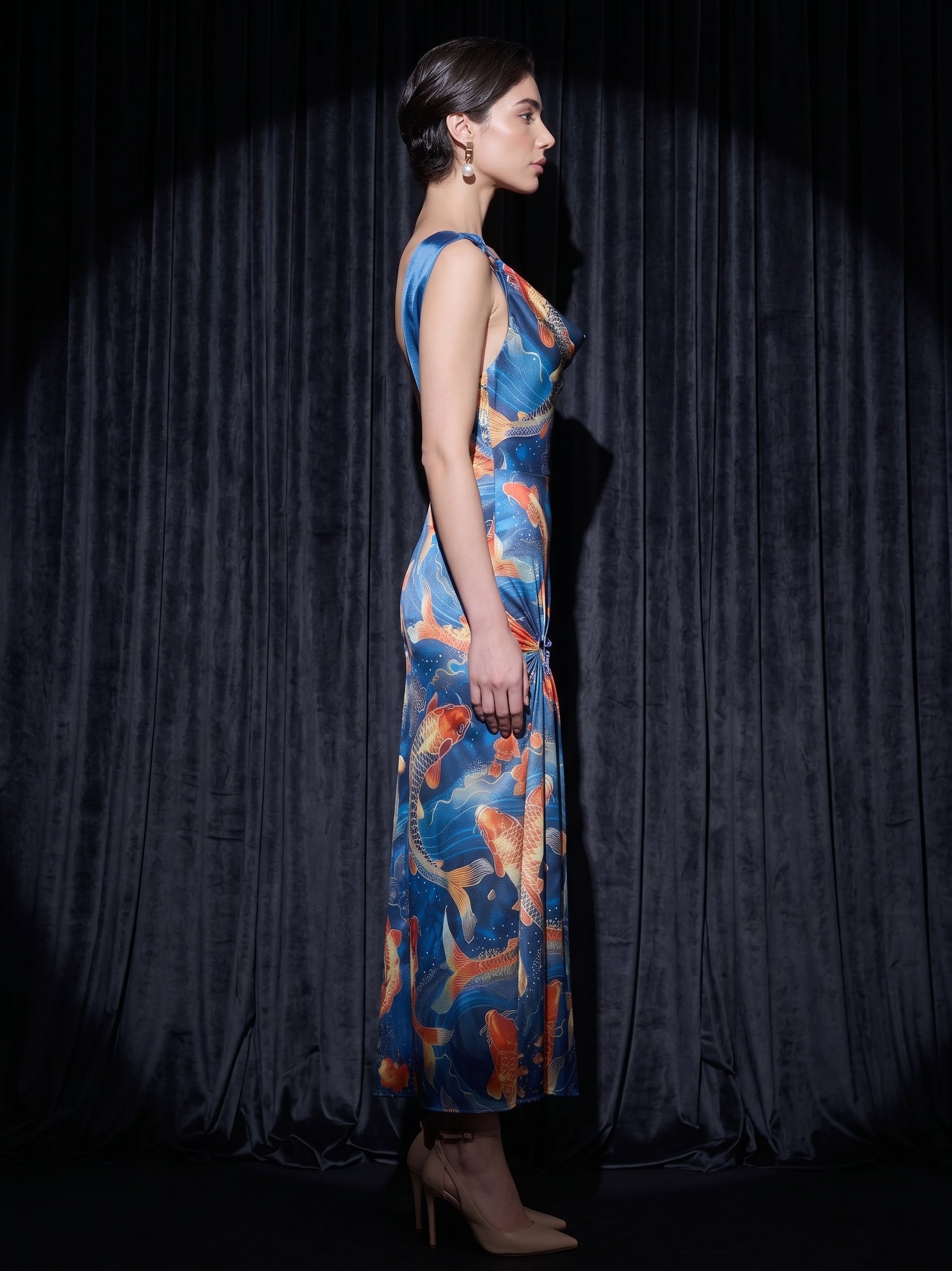 Blue Piscean cowl-neck maxi dress, side view — INHAUTECOUTURE
