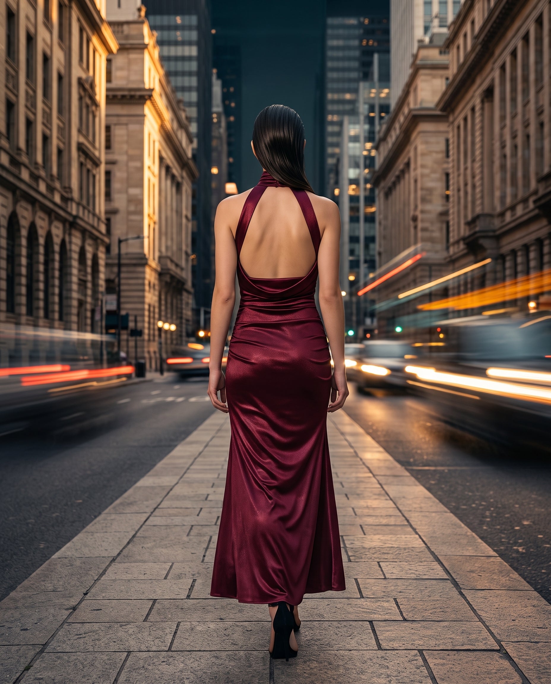 Bordeaux Cowl halter-neck maxi gown, back view — INHAUTECOUTURE