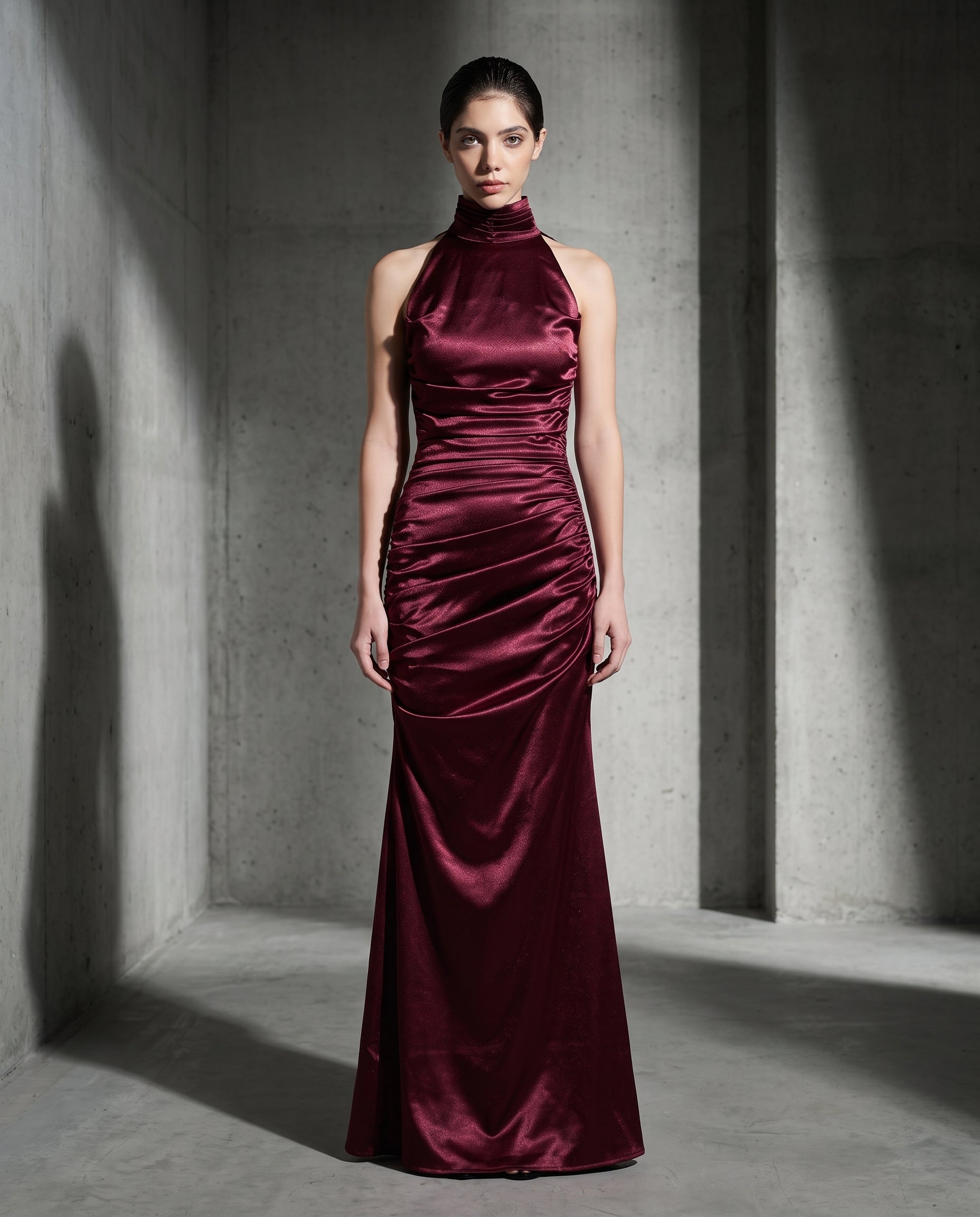 Image of Bordeaux Cowl halter-neck silk satin maxi gown, front view — INHAUTECOUTURE