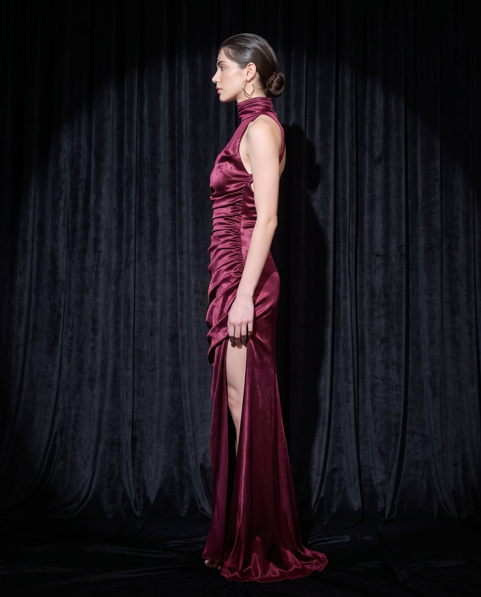 Image of Bordeaux Cowl halter-neck maxi gown, side profile — INHAUTECOUTURE