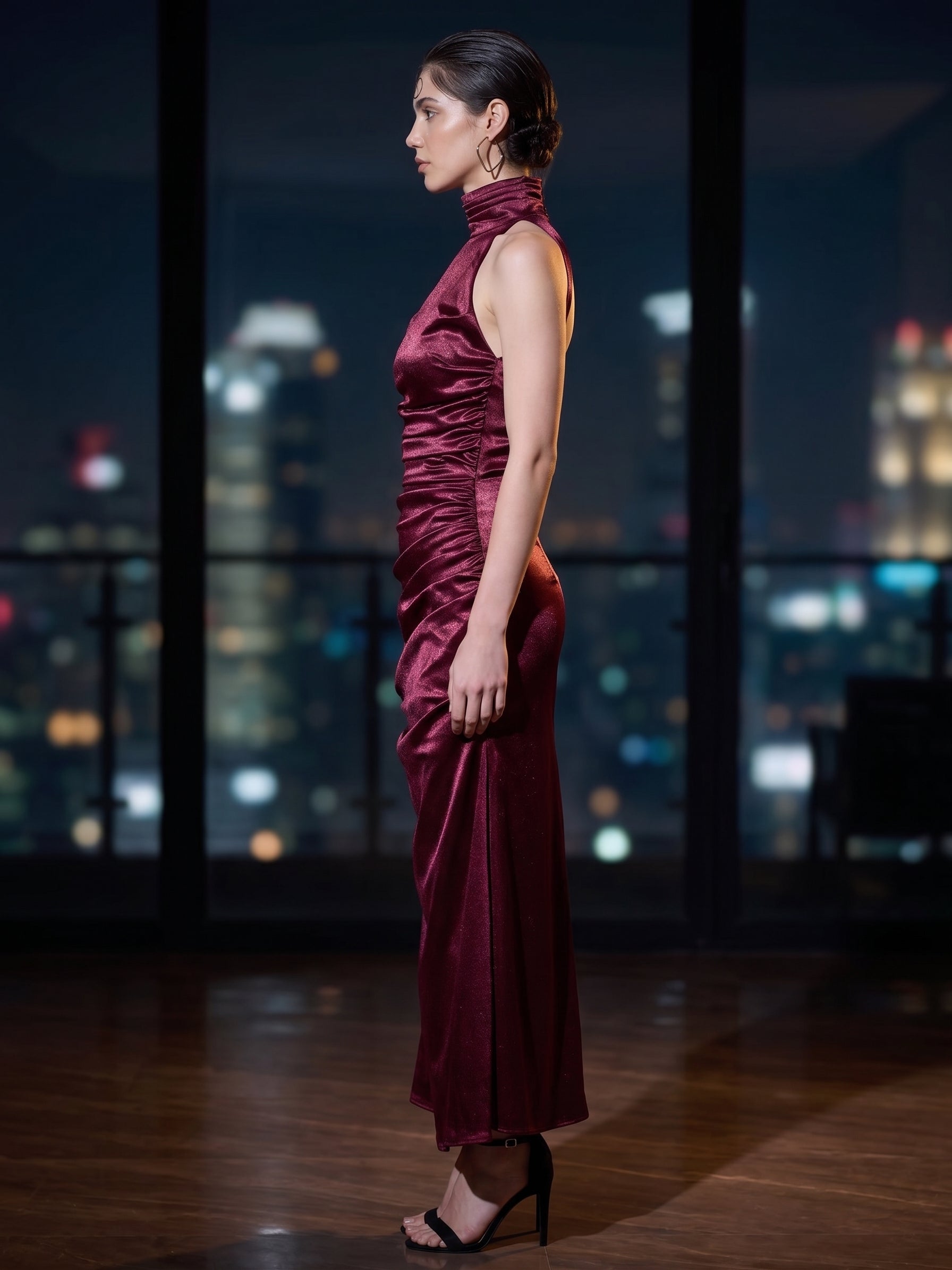 Image of Bordeaux Cowl halter-neck maxi gown, side view — INHAUTECOUTURE