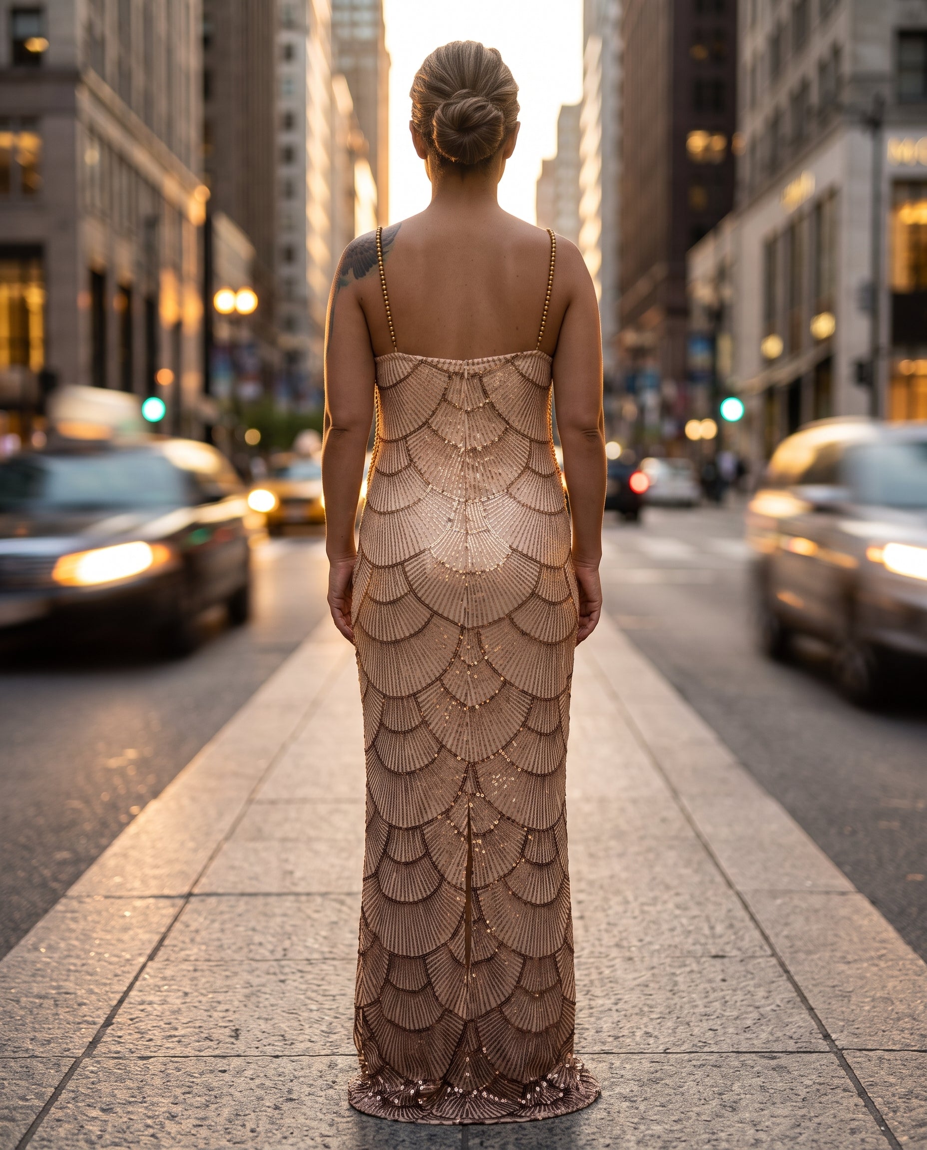 Bronze Pearl embellished mermaid maxi dress, back view — INHAUTECOUTURE