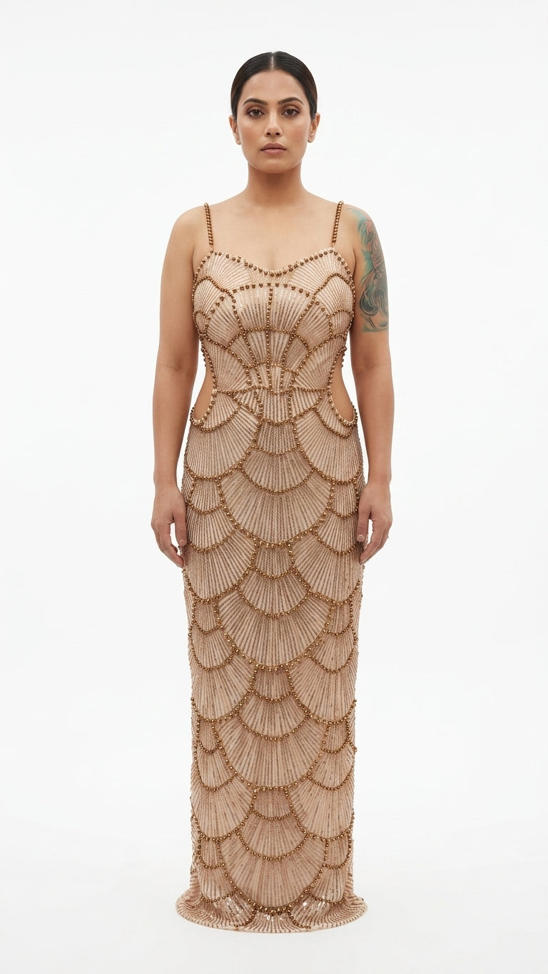 Bronze Pearl embellished mermaid maxi dress, front look — INHAUTECOUTURE