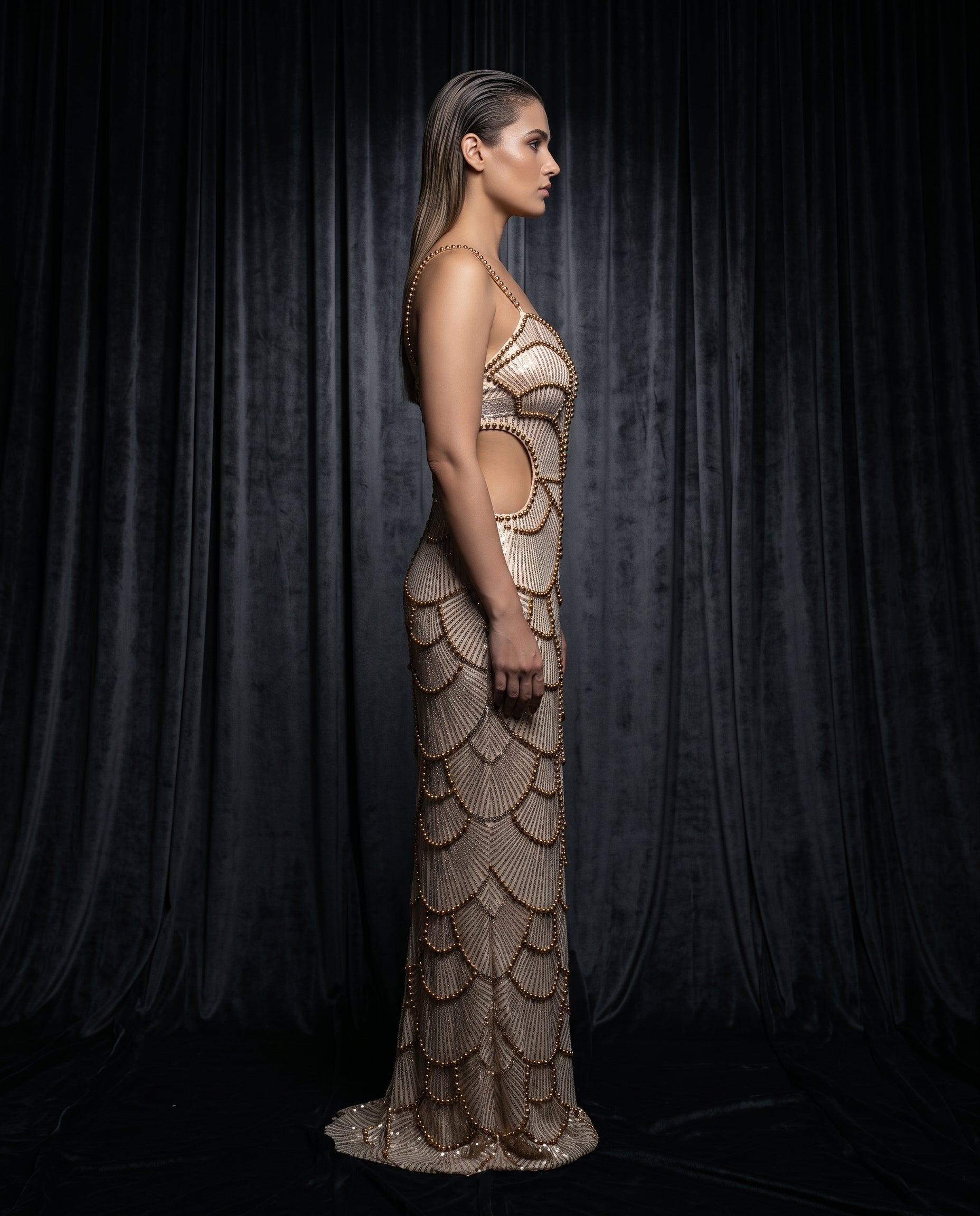 Image of Bronze Pearl embellished mermaid maxi dress, side profile — INHAUTECOUTURE