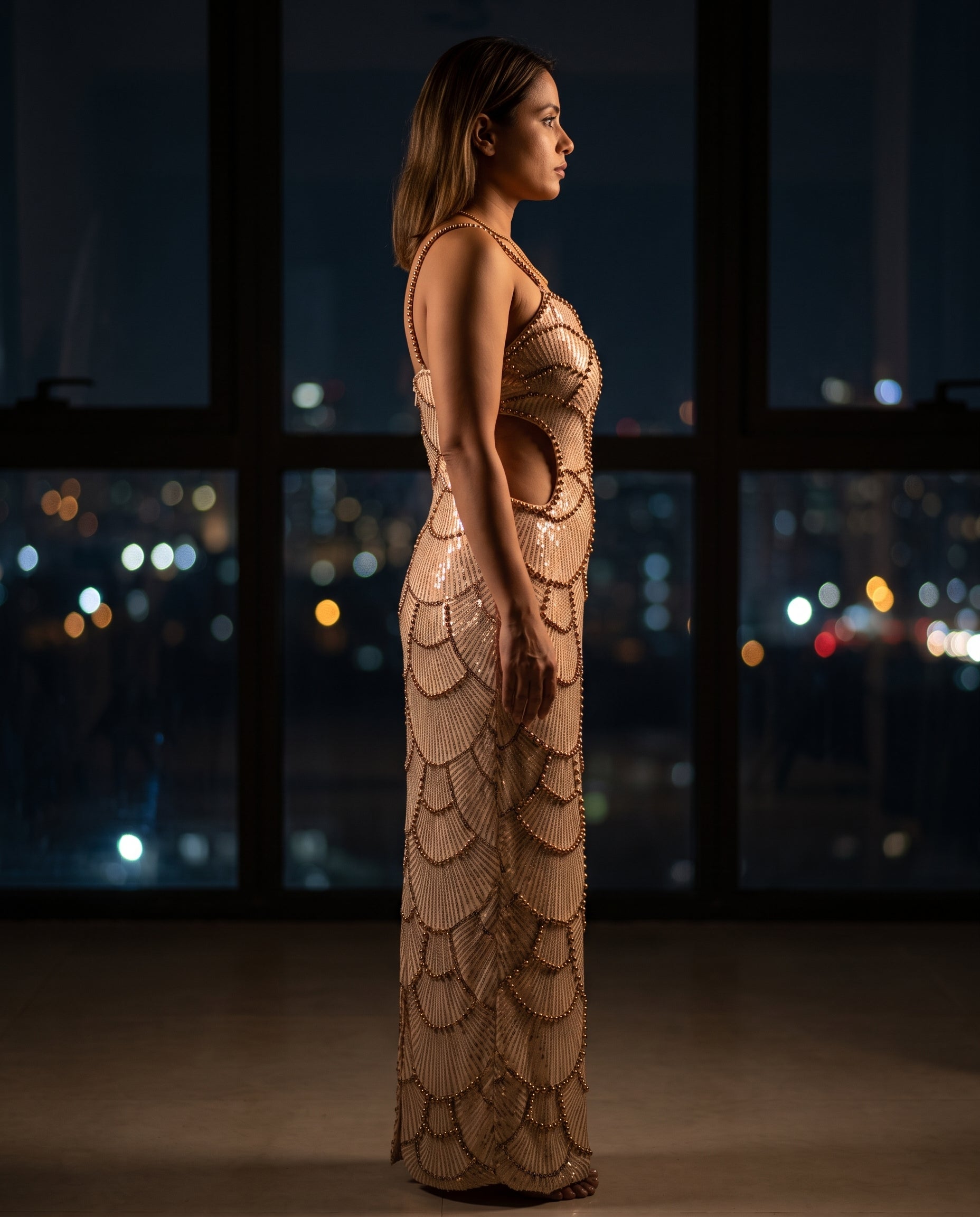 Image of Bronze Pearl embellished mermaid maxi dress, side view — INHAUTECOUTURE