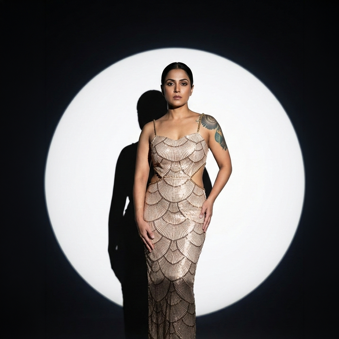 Image of Woman standing straight wearing Bronze Pearl Embellished Mermaid Maxi Dress with hand-embellished pearls and spaghetti straps