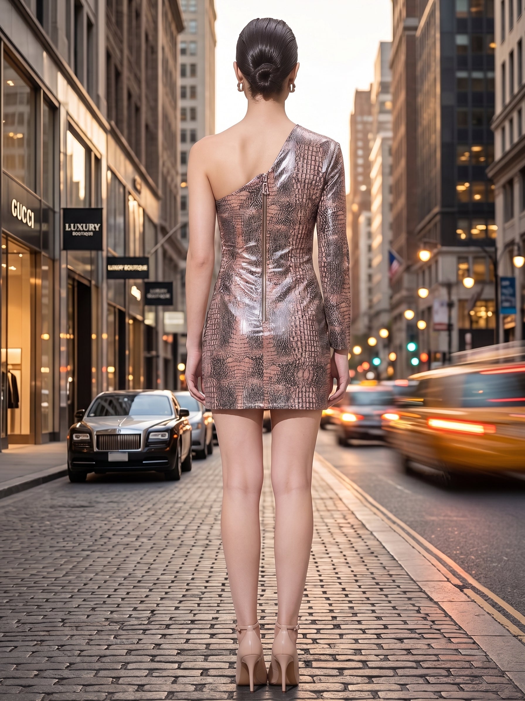 Bronze Vixen metallic mini dress, back view — INHAUTECOUTURE