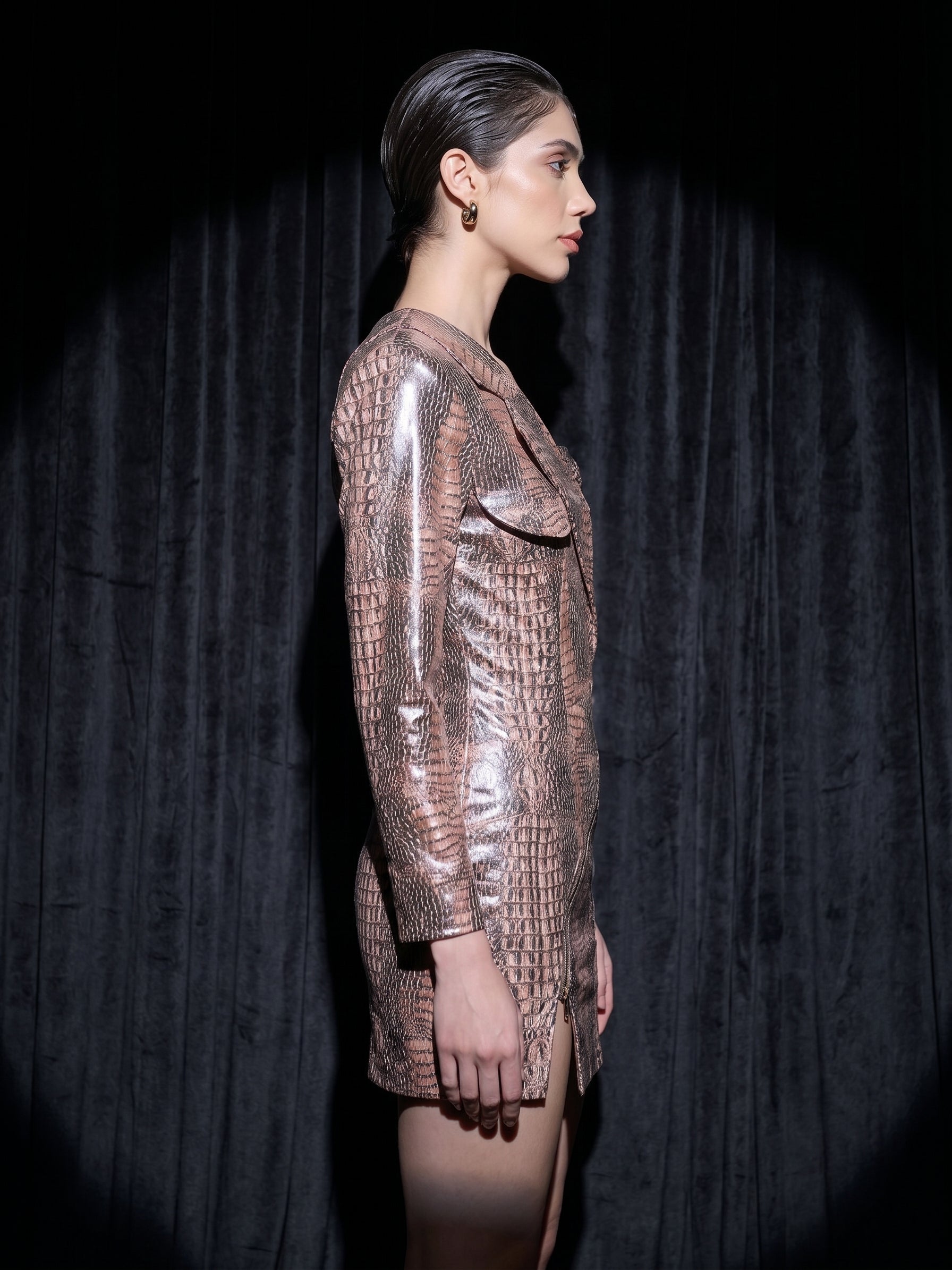 Image of Bronze Vixen metallic mini dress, side look — INHAUTECOUTURE