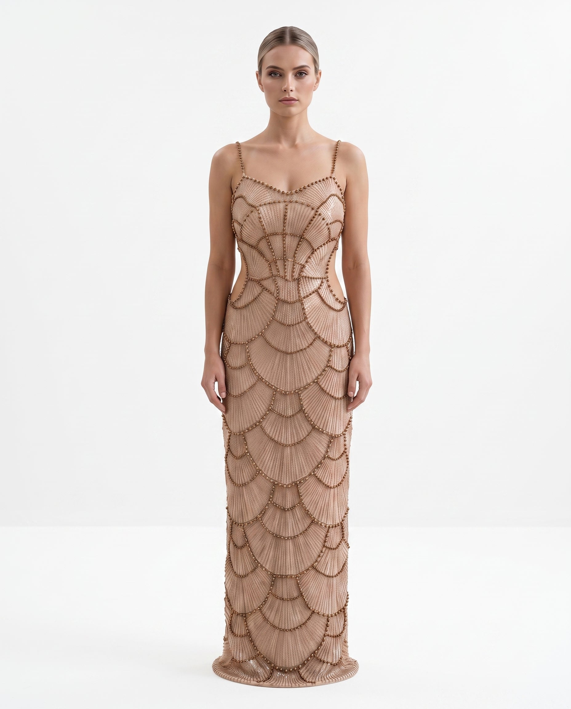 Image of Bronze Pearl Embellished Mermaid Maxi Dress