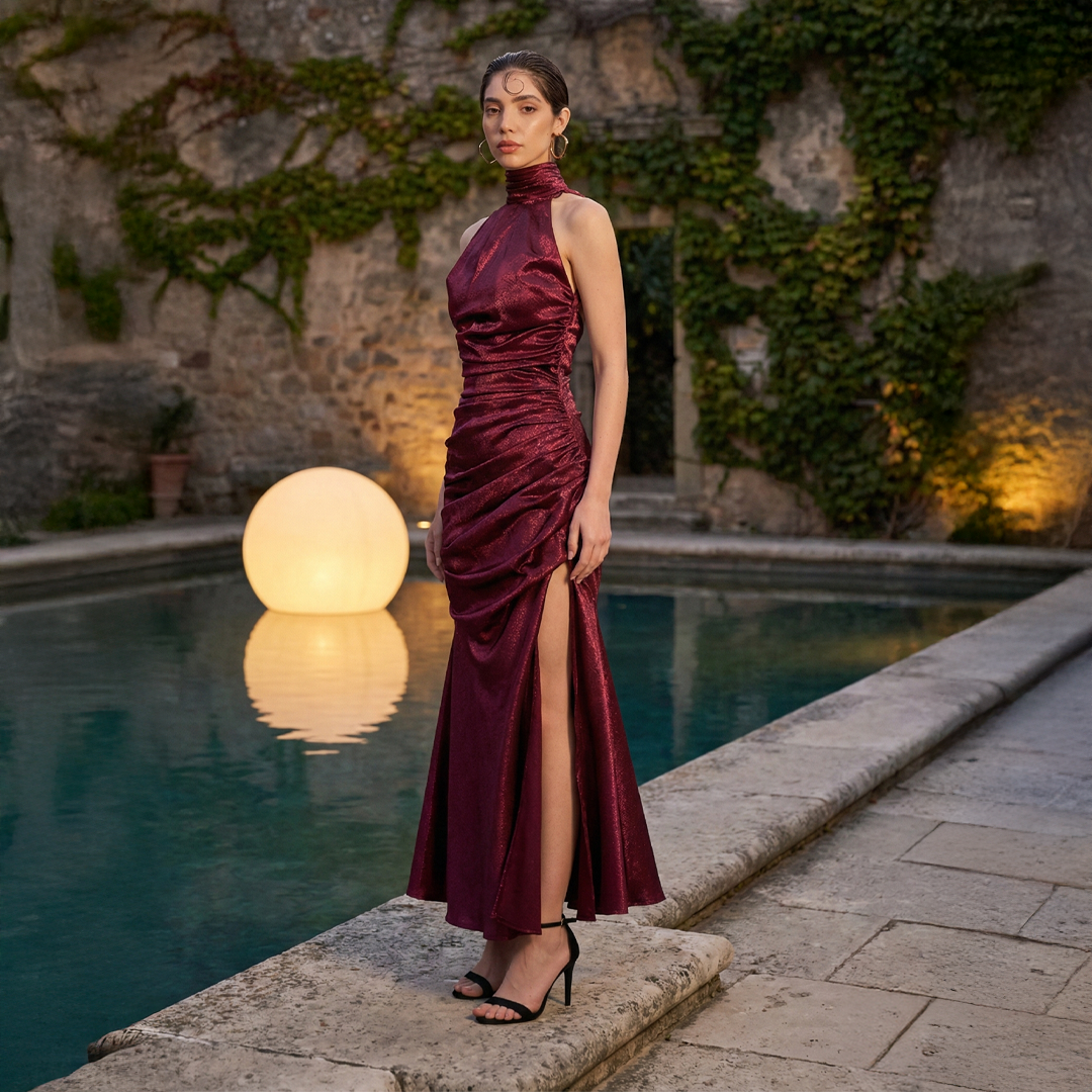 Burgundy silk satin halter maxi gown with high cowl neck and ruched hip detail, flowing elegantly while walking near pool.