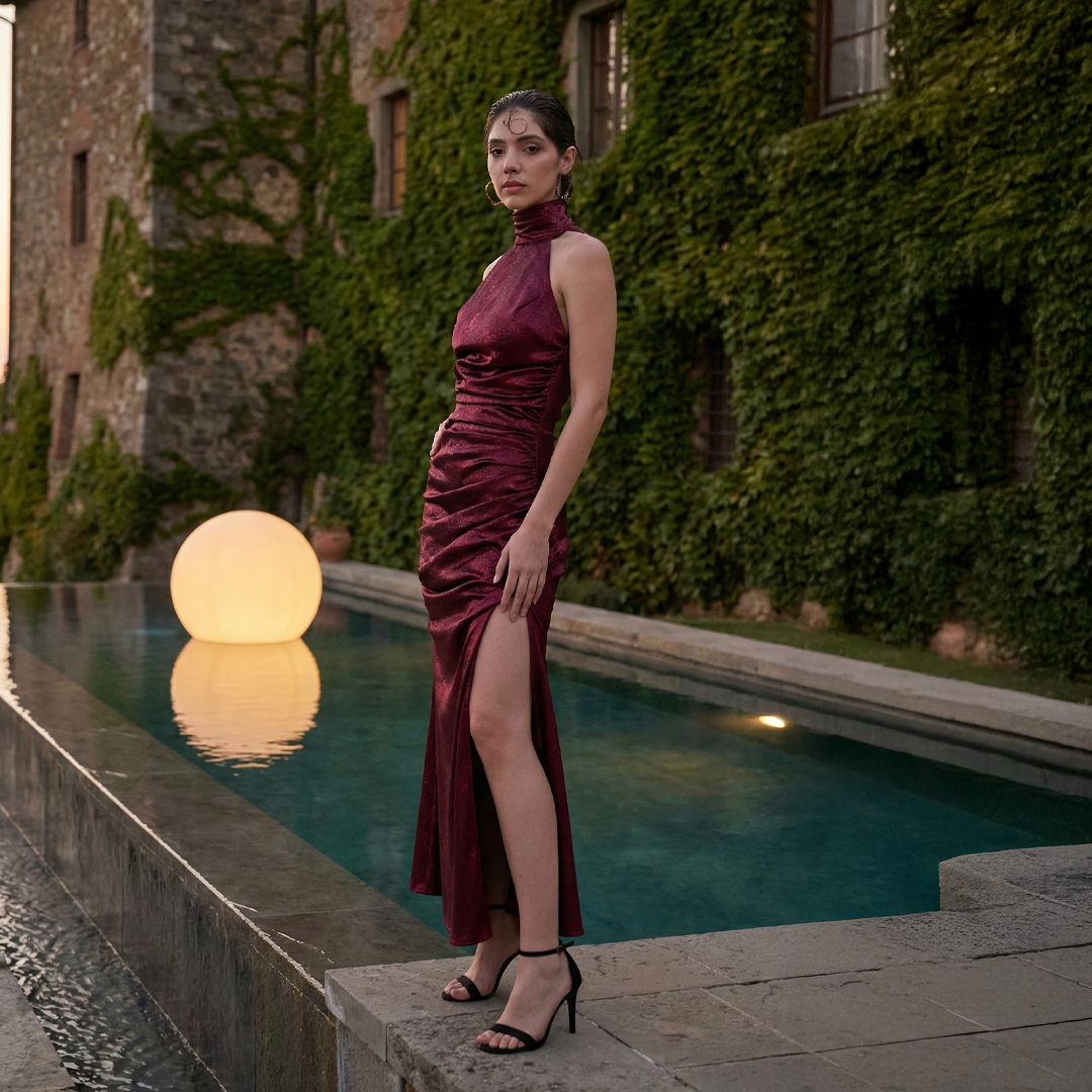 Burgundy silk satin halter maxi gown with high cowl neck, ruched hip detail, and floor-length column silhouette.