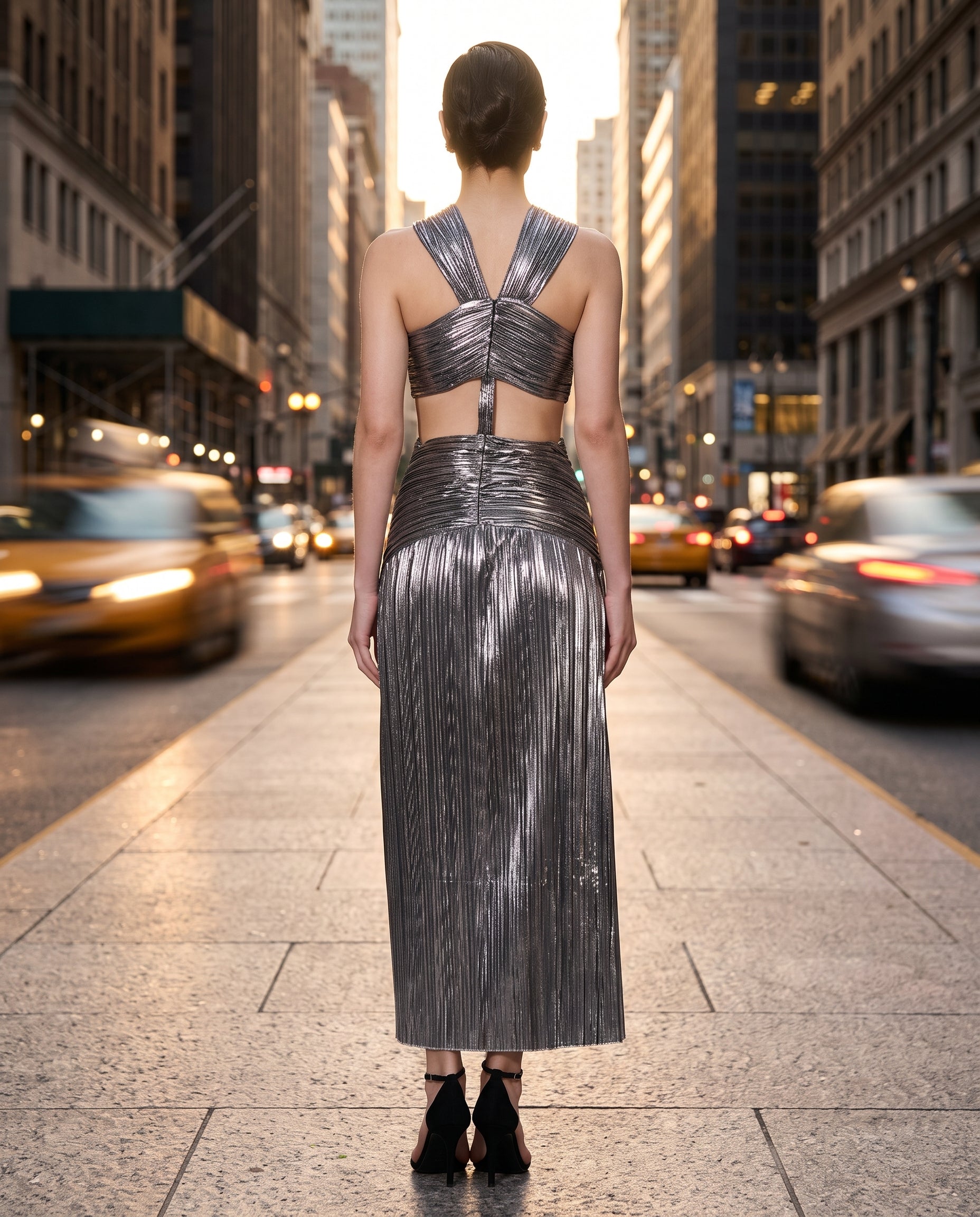 Image of Chrome Comet metallic halter-neck gown, back view — INHAUTECOUTURE