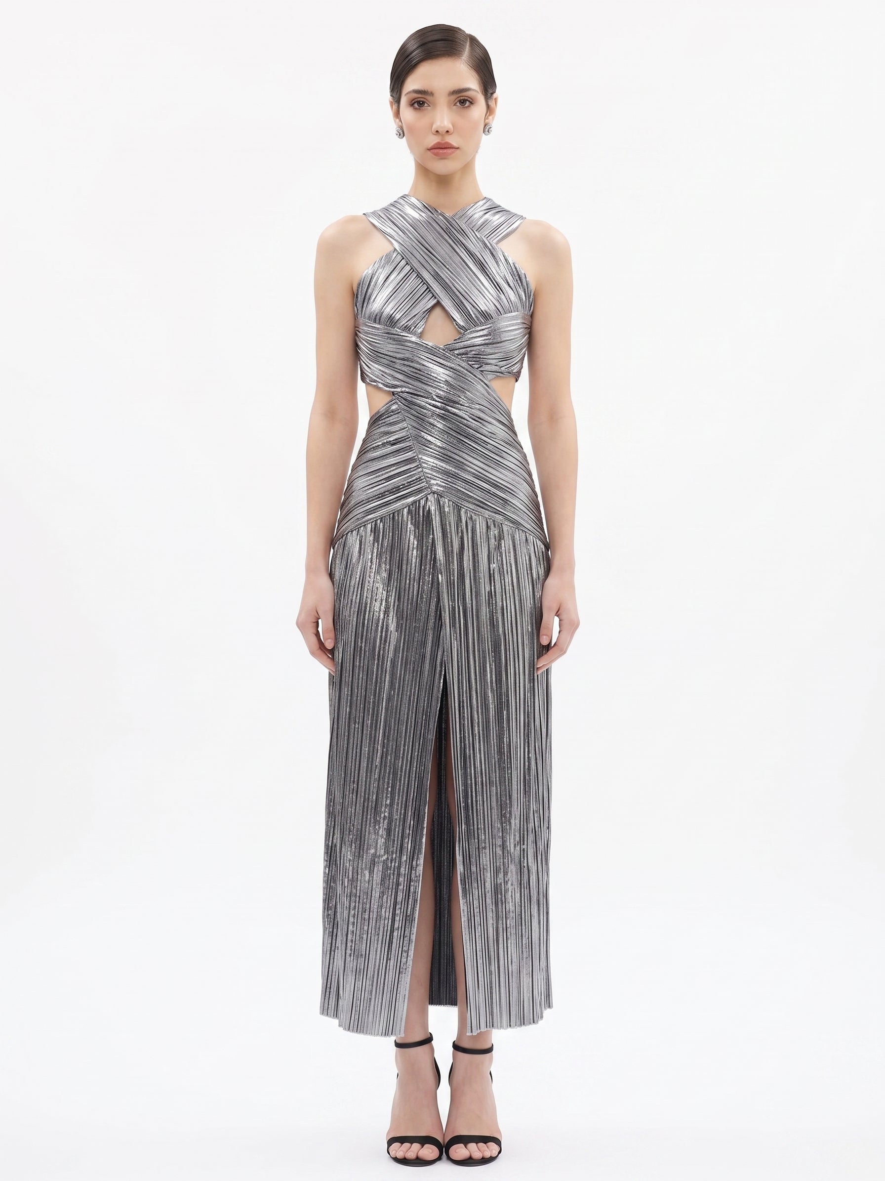Chrome Comet metallic halter-neck gown, front view — INHAUTECOUTURE