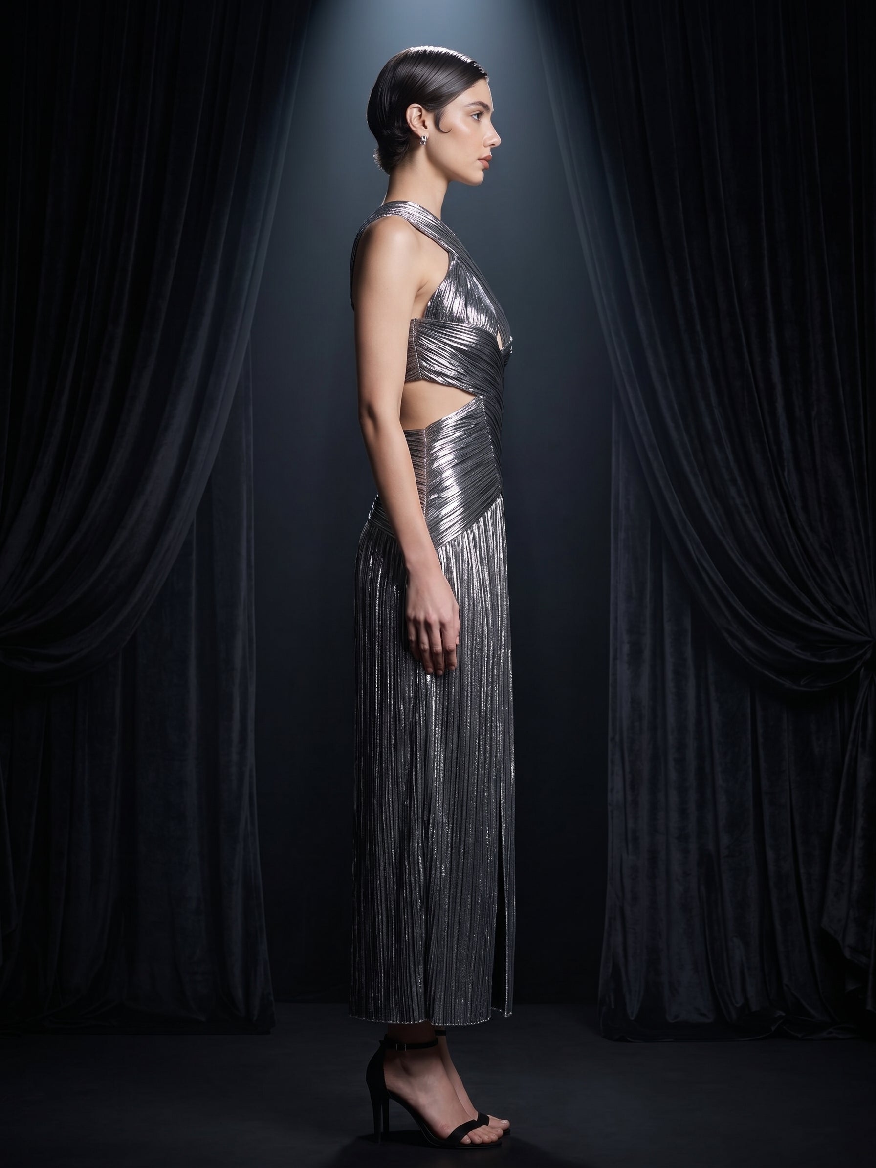 Chrome Comet metallic halter-neck gown, side profile — INHAUTECOUTURE