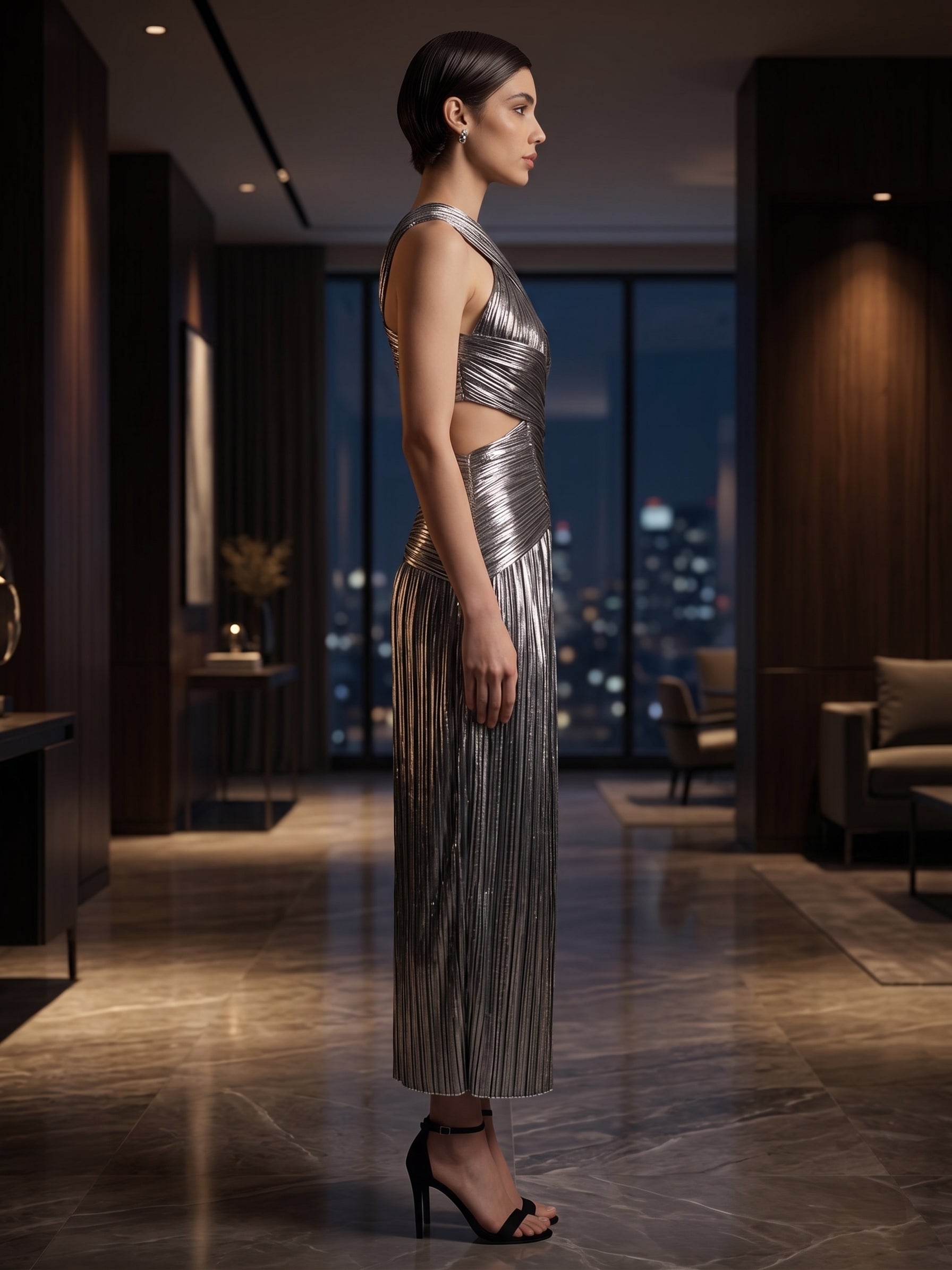 Image of Chrome Comet metallic halter-neck gown, side view — INHAUTECOUTURE