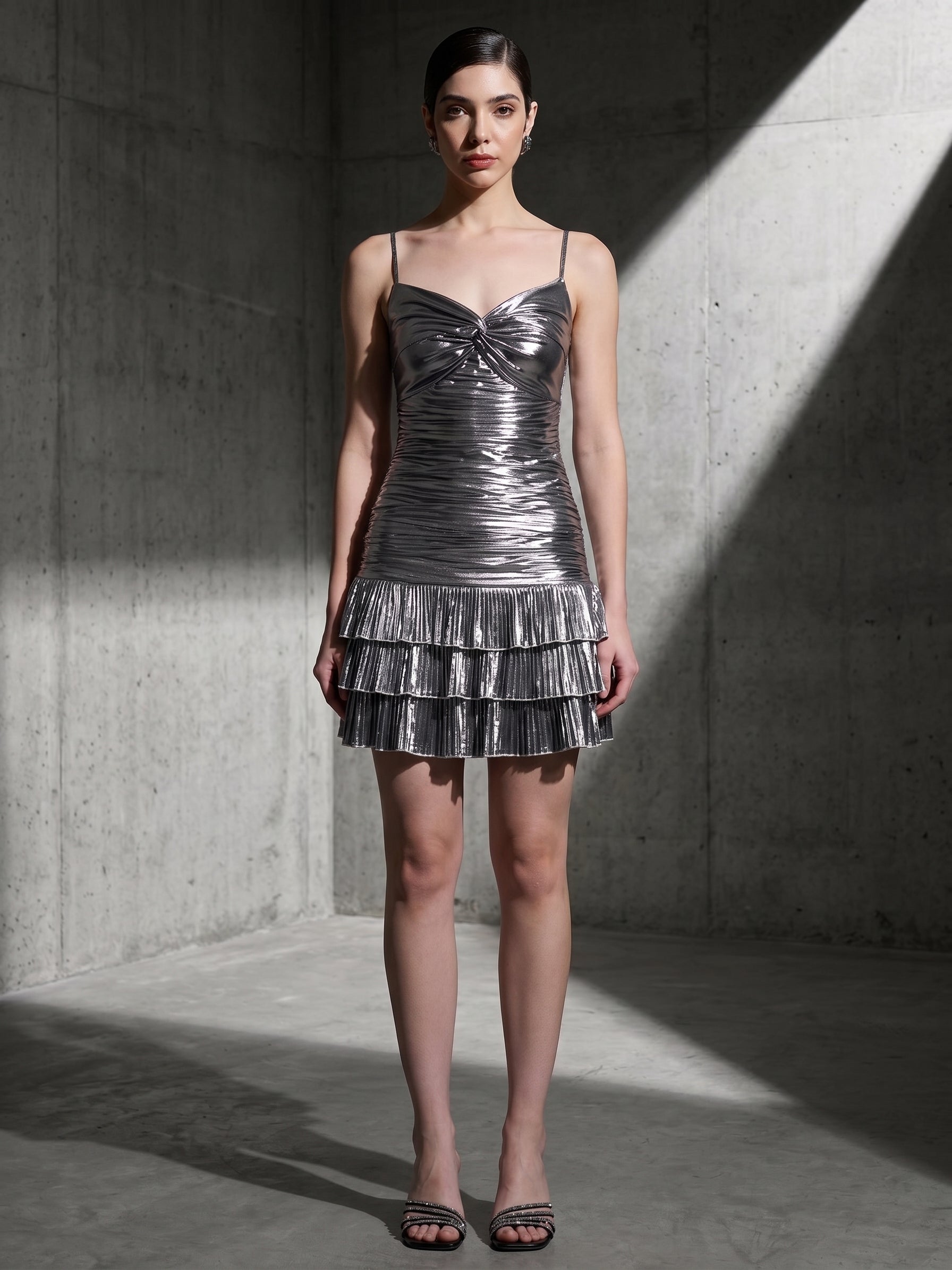 Cosmic Ruffle metallic silver ruffle mini dress, front view — INHAUTECOUTURE