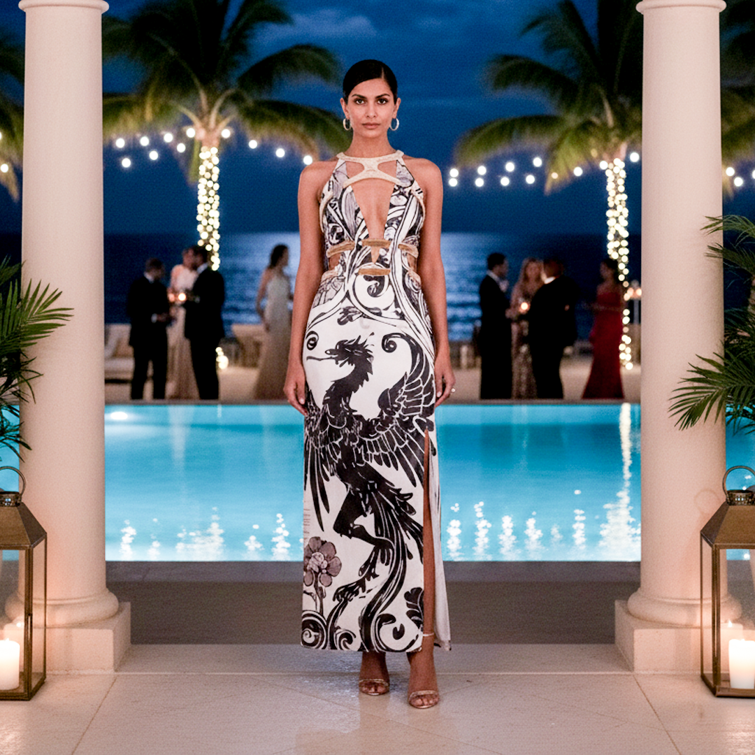 Full body view in a designer maxi gown with a plunge V-neck, cage halter straps, a high slit, and dragon print