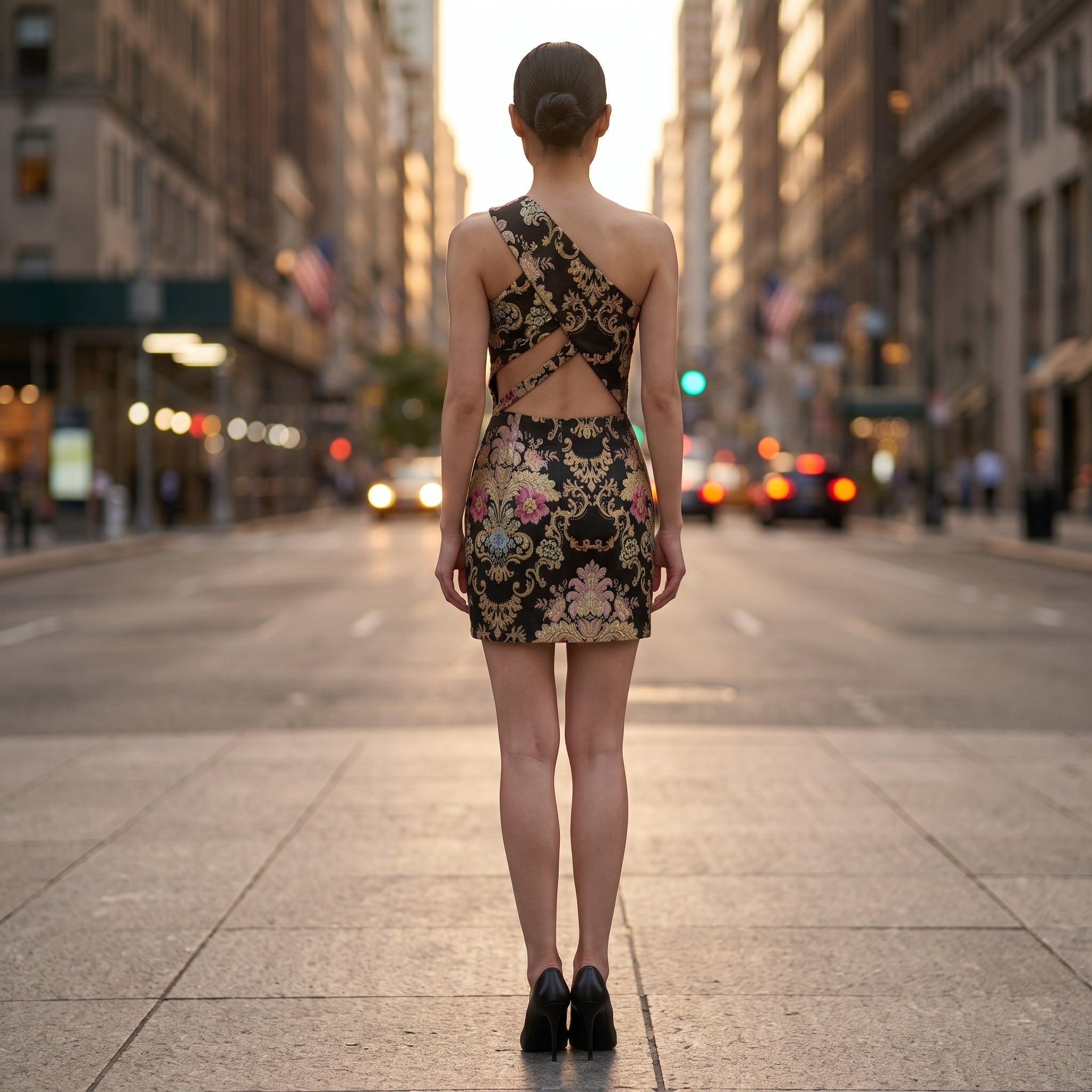Image of Electric Flora one-shoulder brocade mini dress, back view — INHAUTECOUTURE