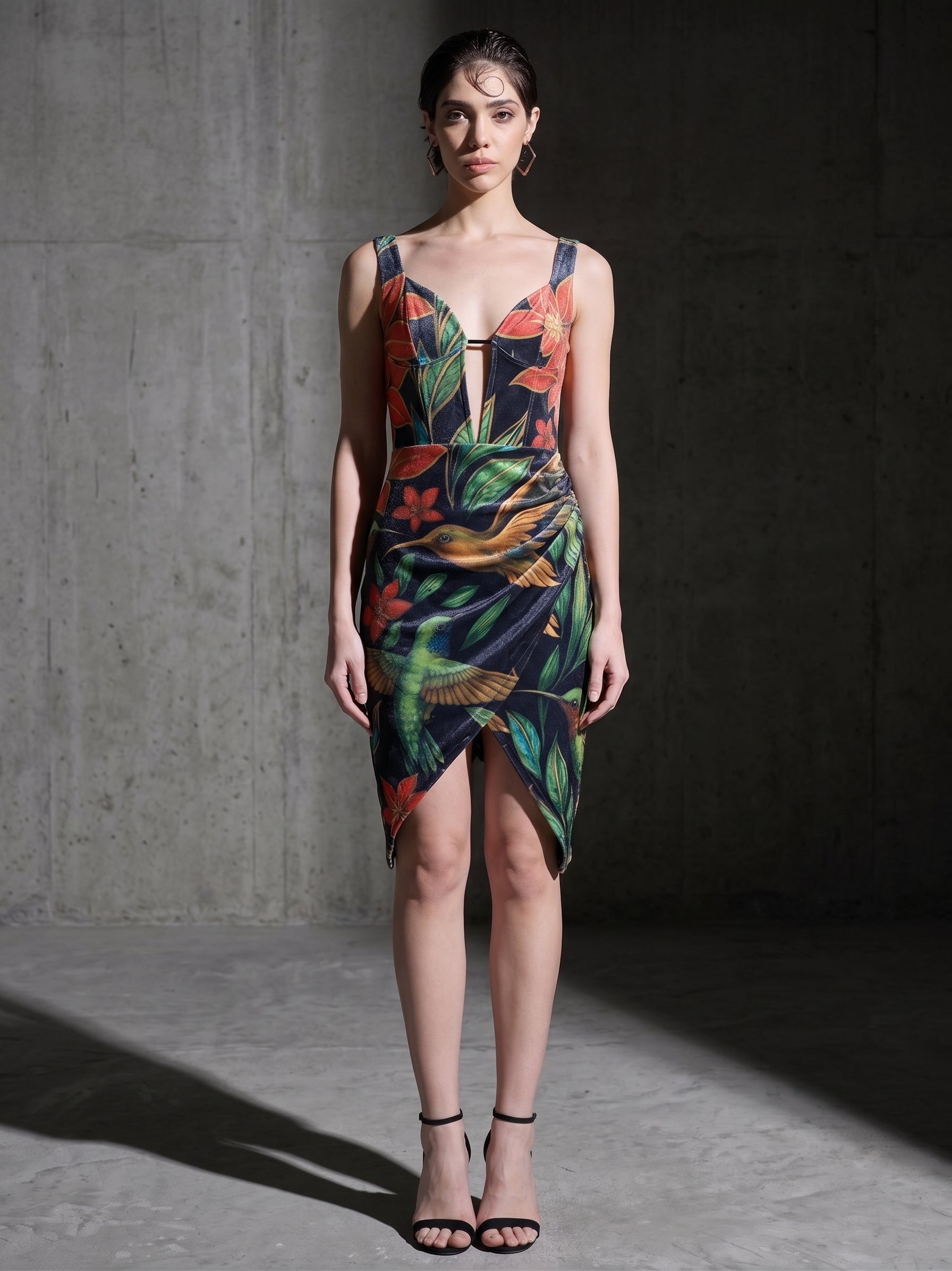 Image of Forbidden Garden black velvet tropical-print midi dress, front view — INHAUTECOUTURE