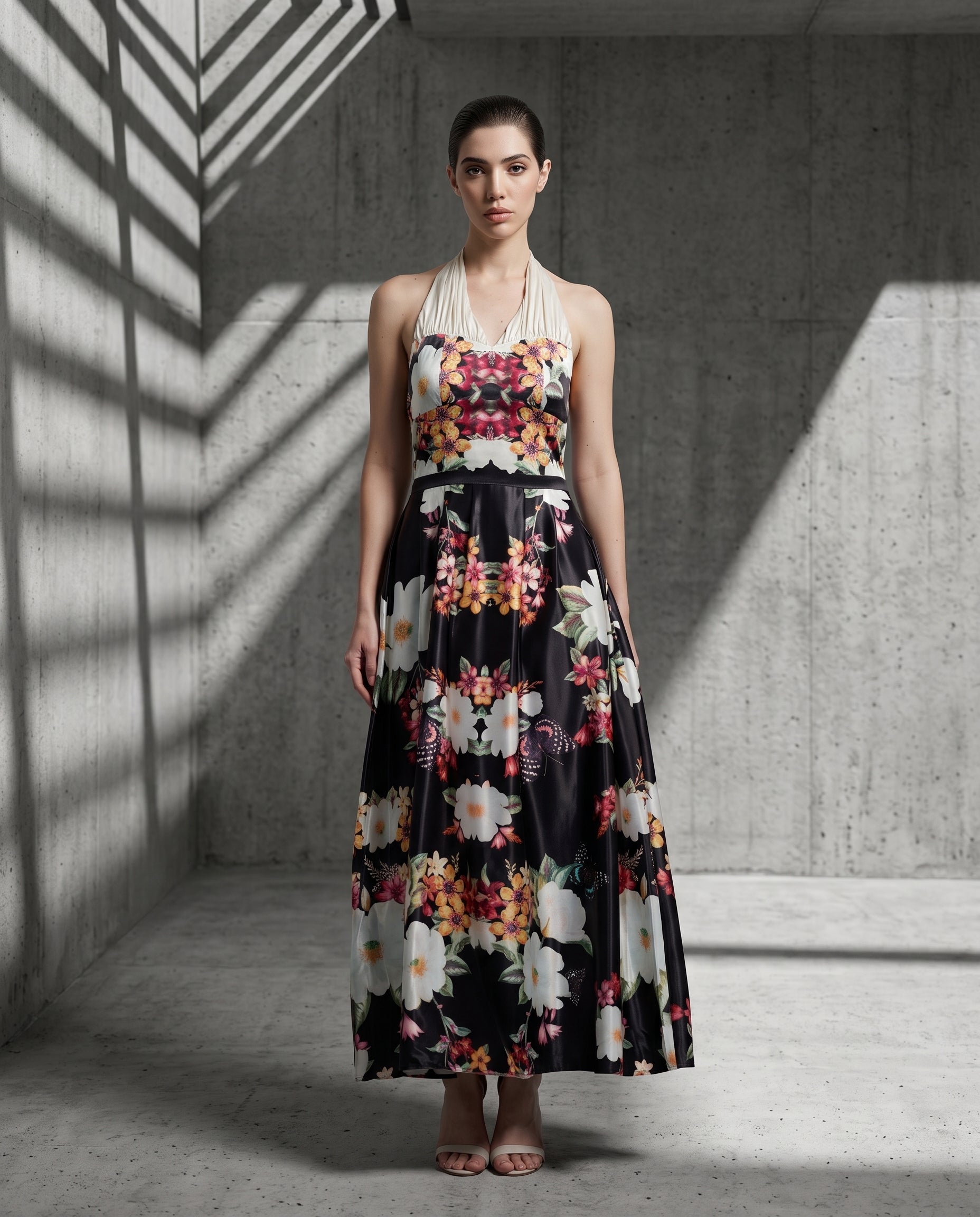 Garden Rendezvous A-line midi dress, front look — INHAUTECOUTURE