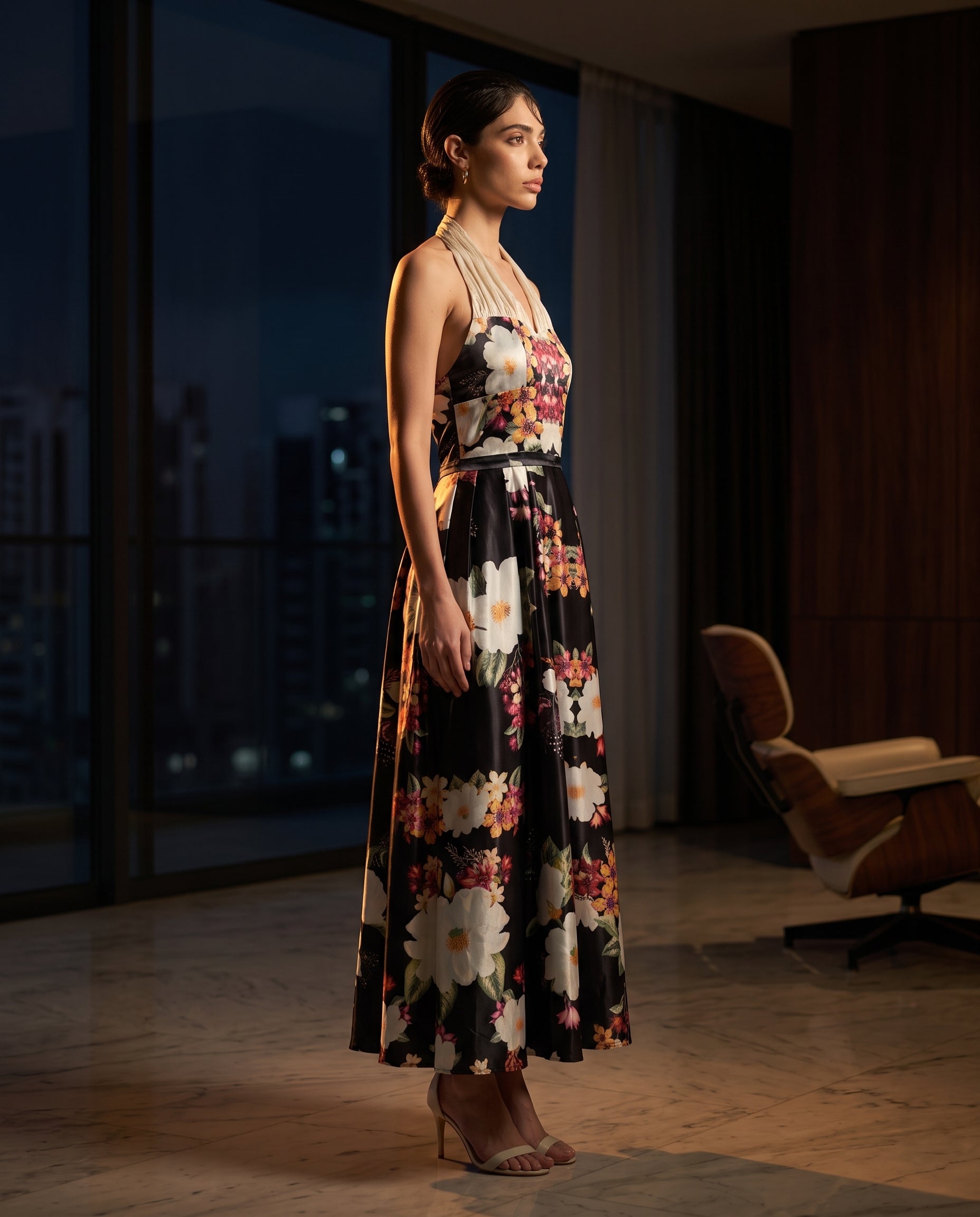 Garden Rendezvous A-line midi dress, side view — INHAUTECOUTURE