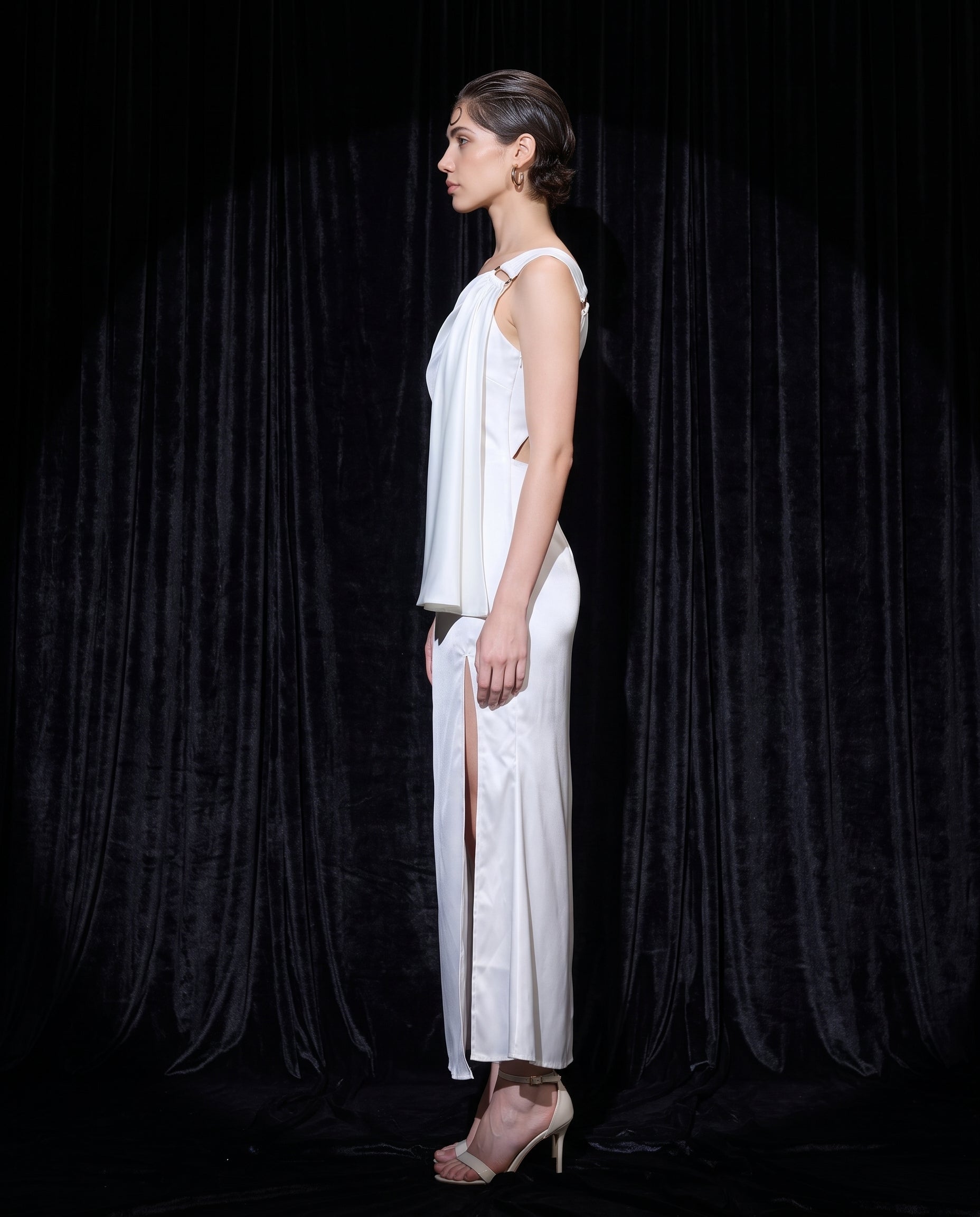 White Grecian Muse draped gown, side view — INHAUTECOUTURE